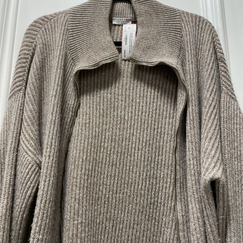 Beige Wool/Cashmere Blend Metallic Thread Zip Sweater