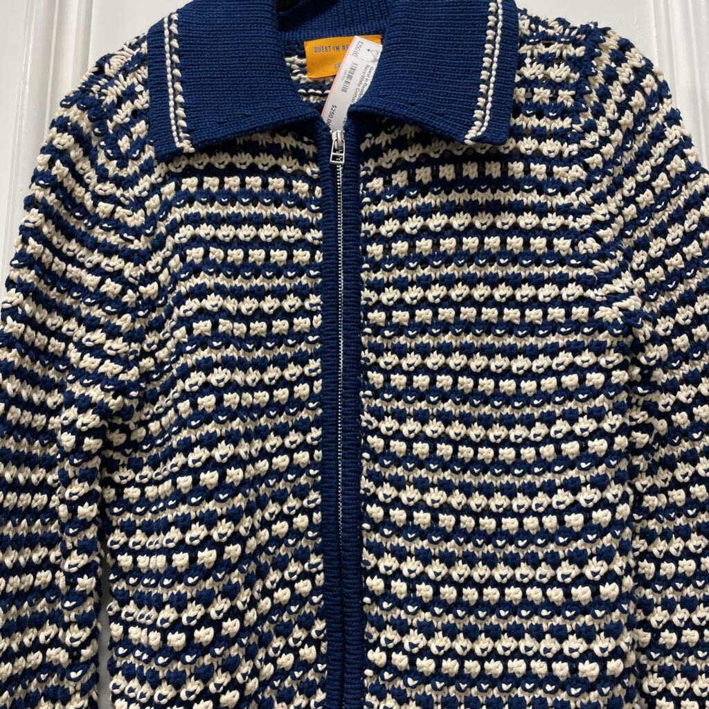 Navy/White Cotton Blend Zip Sweater