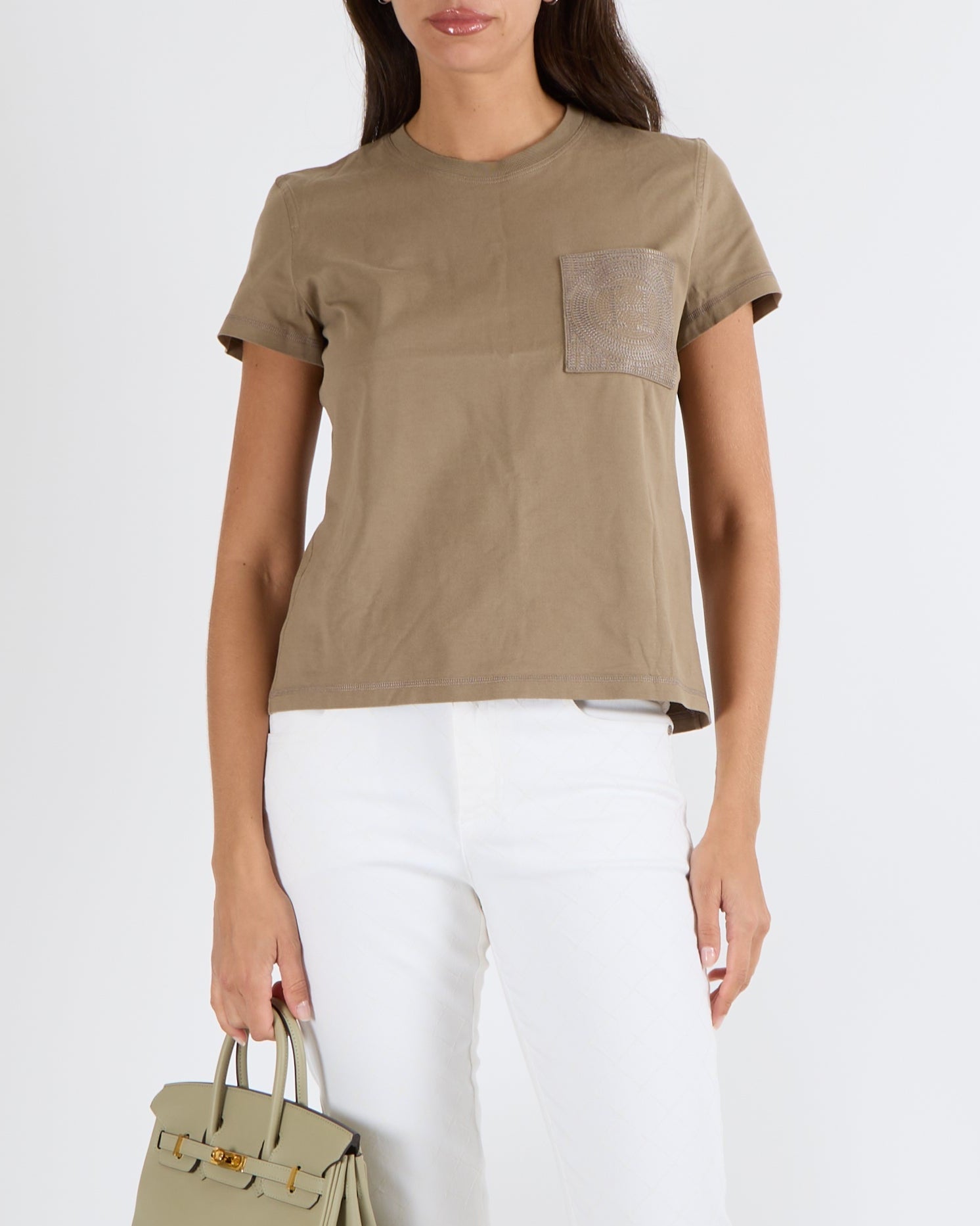 Hermès Brown Short-Sleeved T-Shirt with Front Pocket Detail with Embroidered Logo Size FR 38 (UK 10) RRP £530