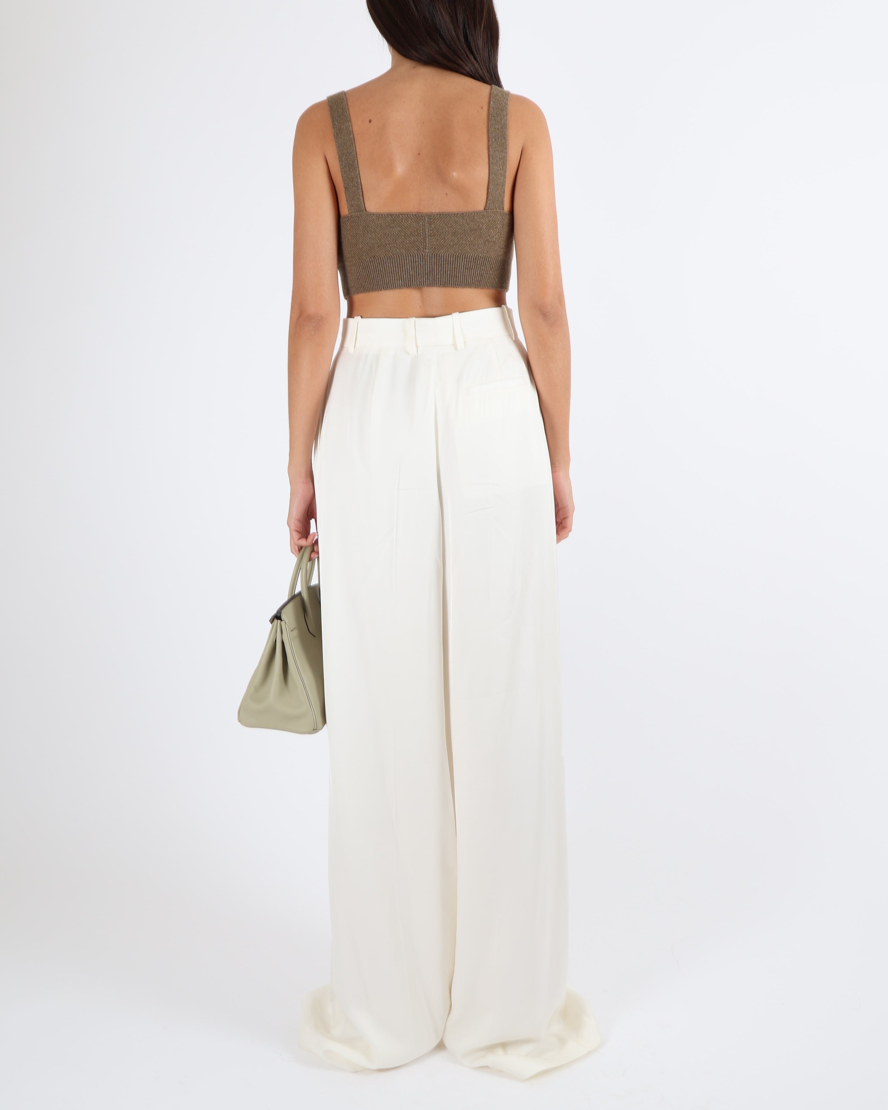 Hermès Etoupe Cashmere Sleeveless Crop Top with Silver Logo Button Detail Size FR 40 (UK 12)