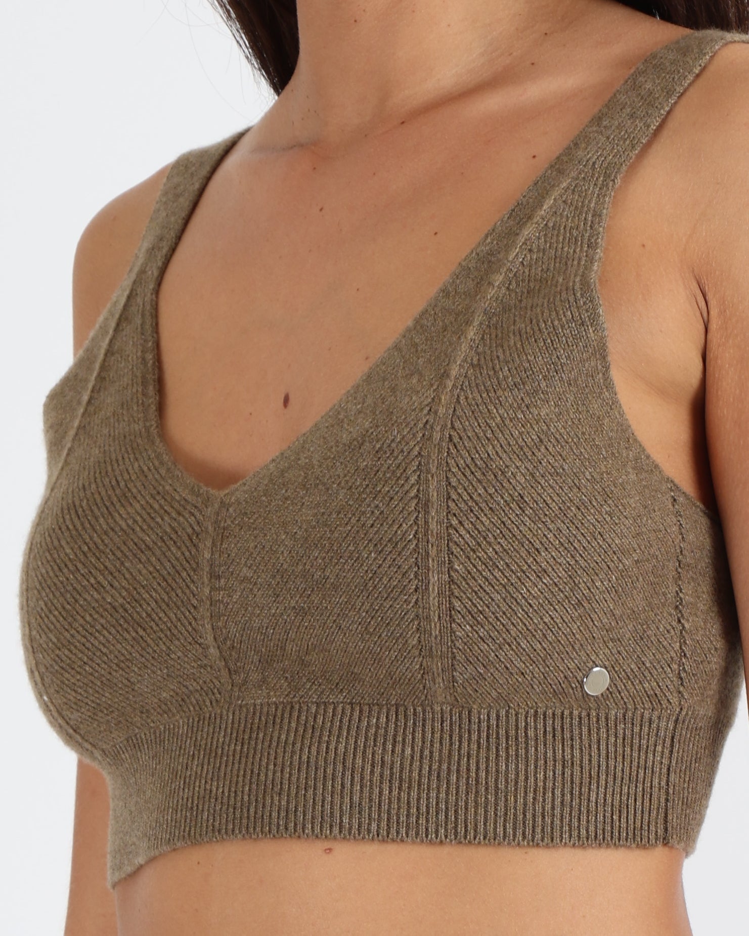 Hermès Etoupe Cashmere Sleeveless Crop Top with Silver Logo Button Detail Size FR 40 (UK 12)