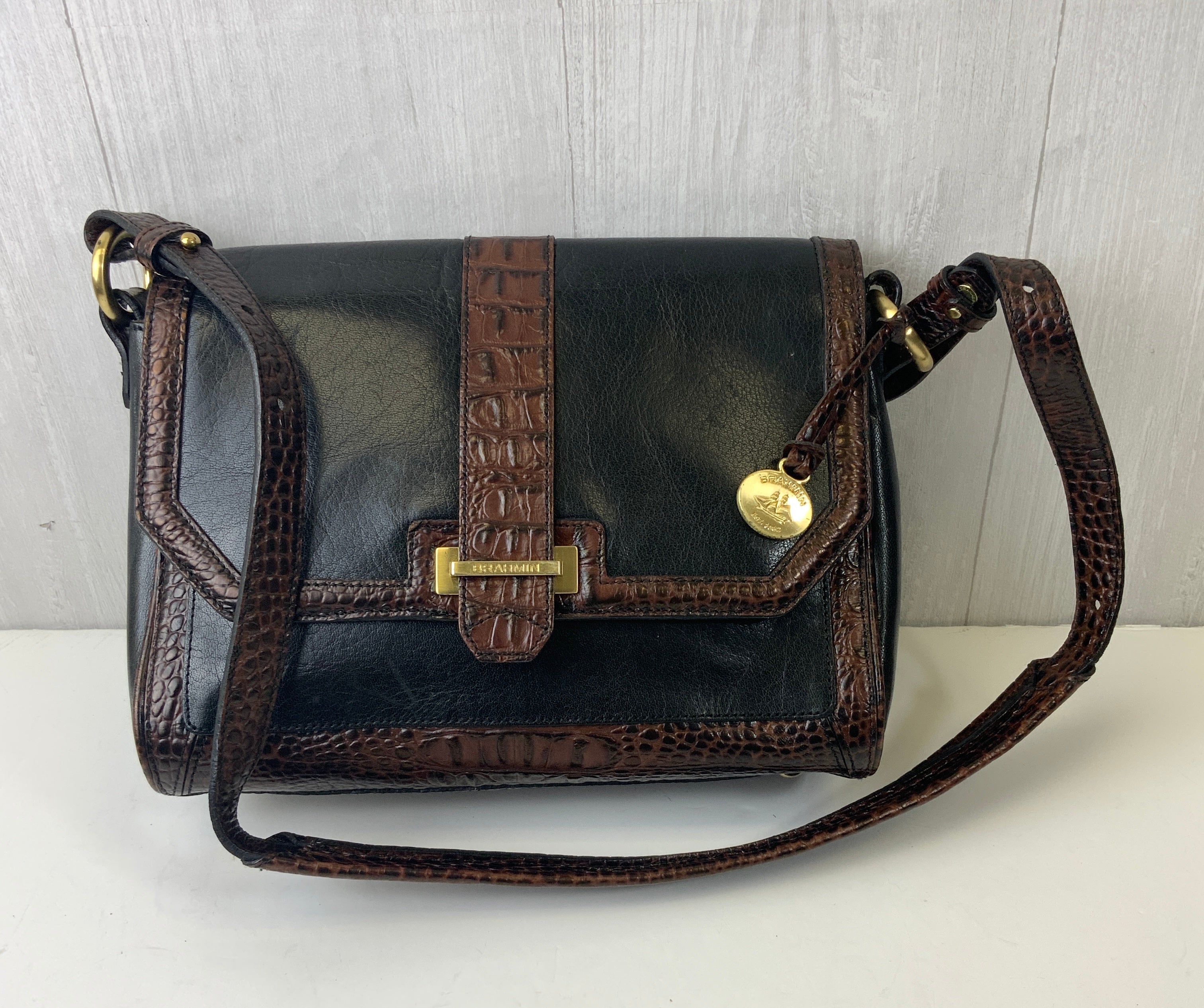 Handbag Designer By Brahmin In Black & Brown, Size:Medium