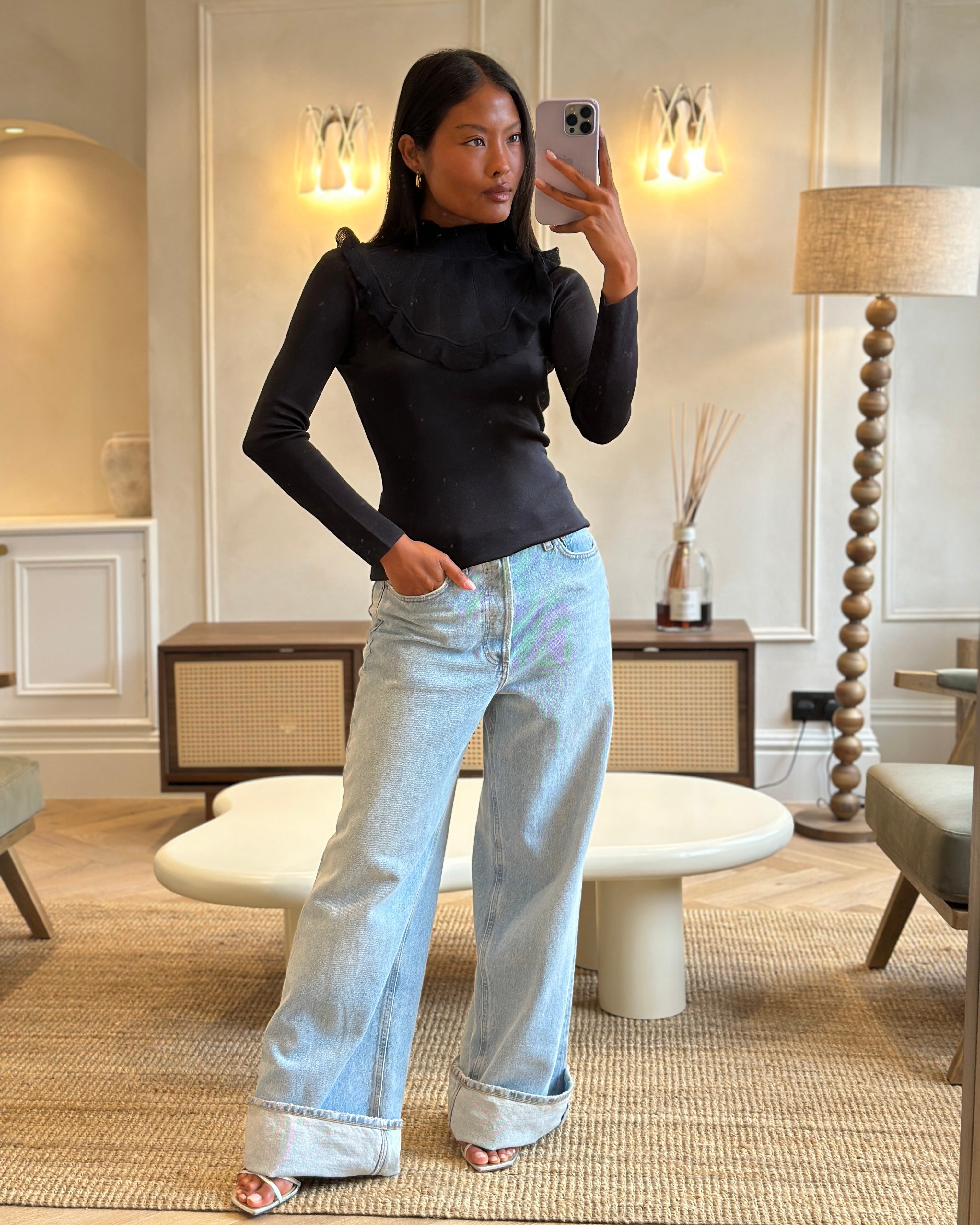 Hermès Black Ruffle Long Sleeve Top with Collar Detail Size FR 34 (UK 6)