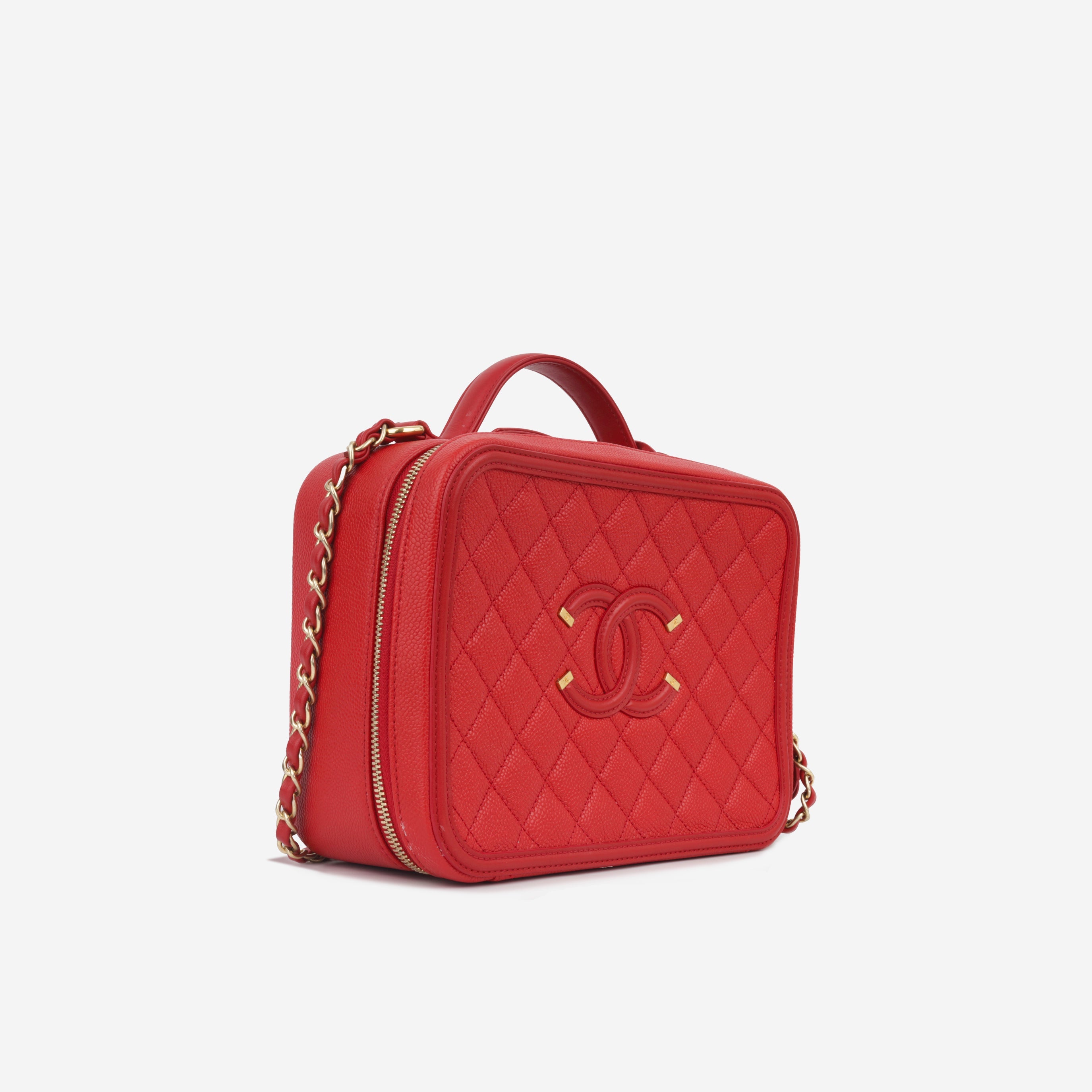 Chanel Large CC Filigree Vanity Case - Red Caviar | Gold Hardware