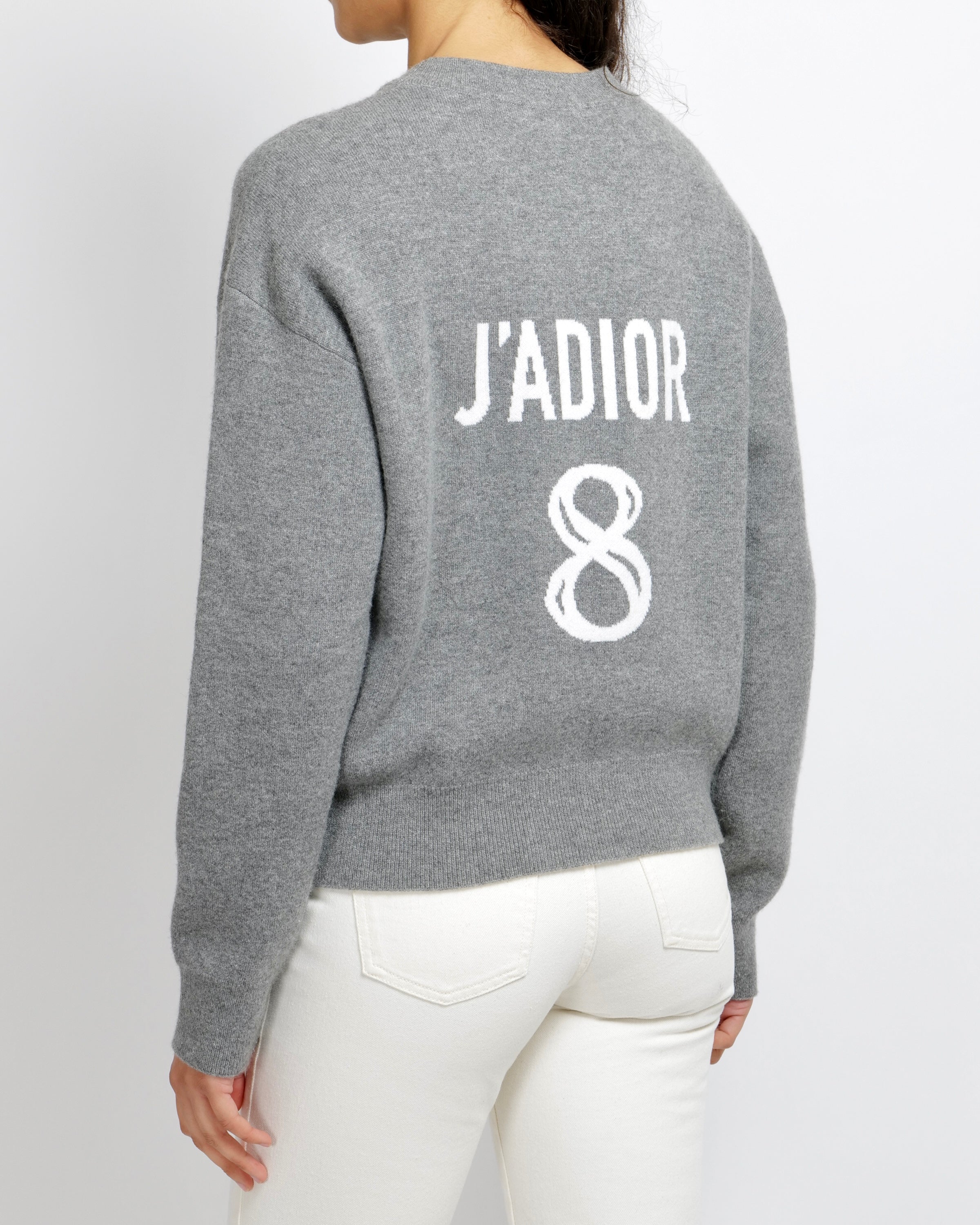 Christian Dior Grey Cashmere Jumper with White J'Adior 8 Back Logo Print Size FR 38 (UK 10) RRP £1,700