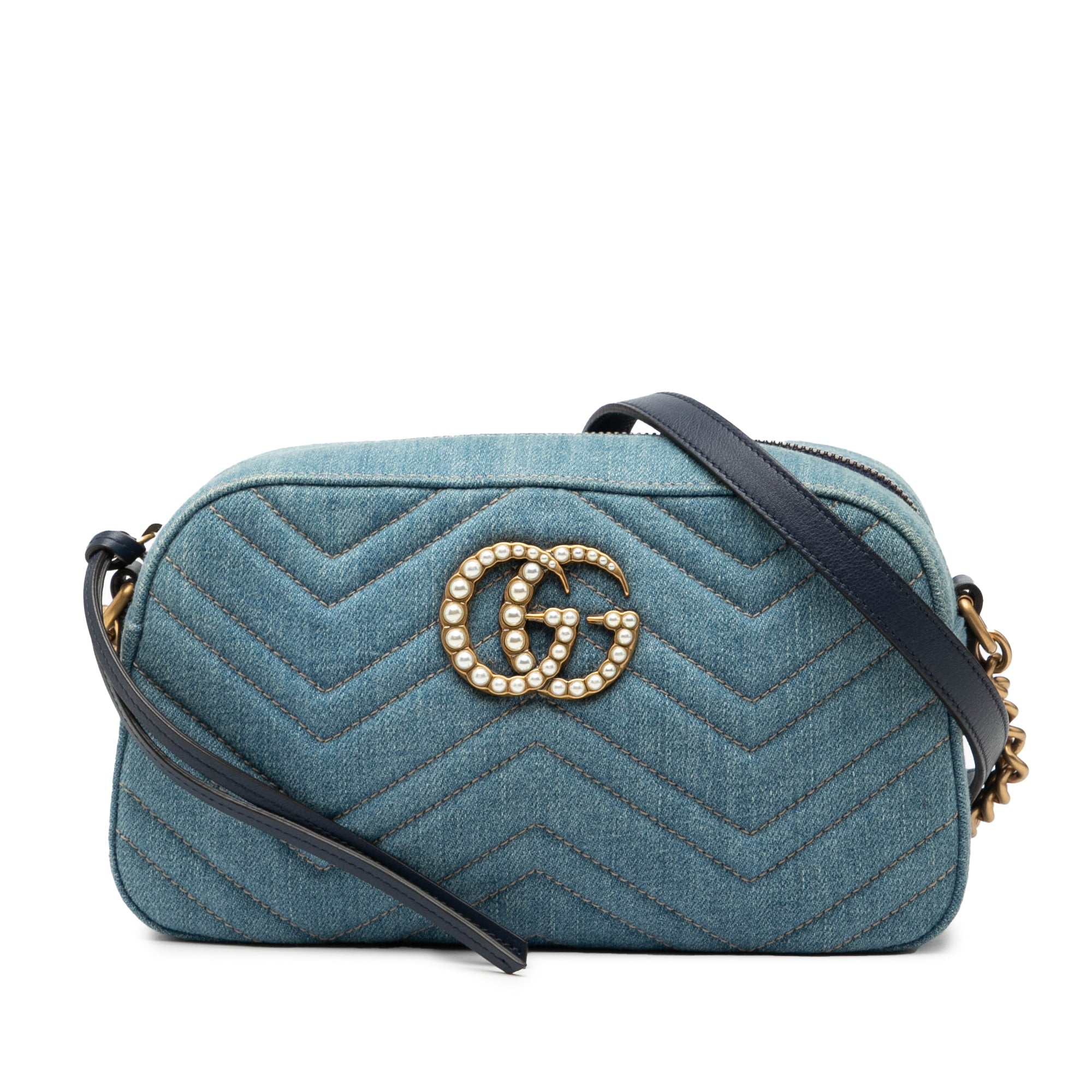 Pearly GG Marmont Shoulder Bag Matelasse Denim Small