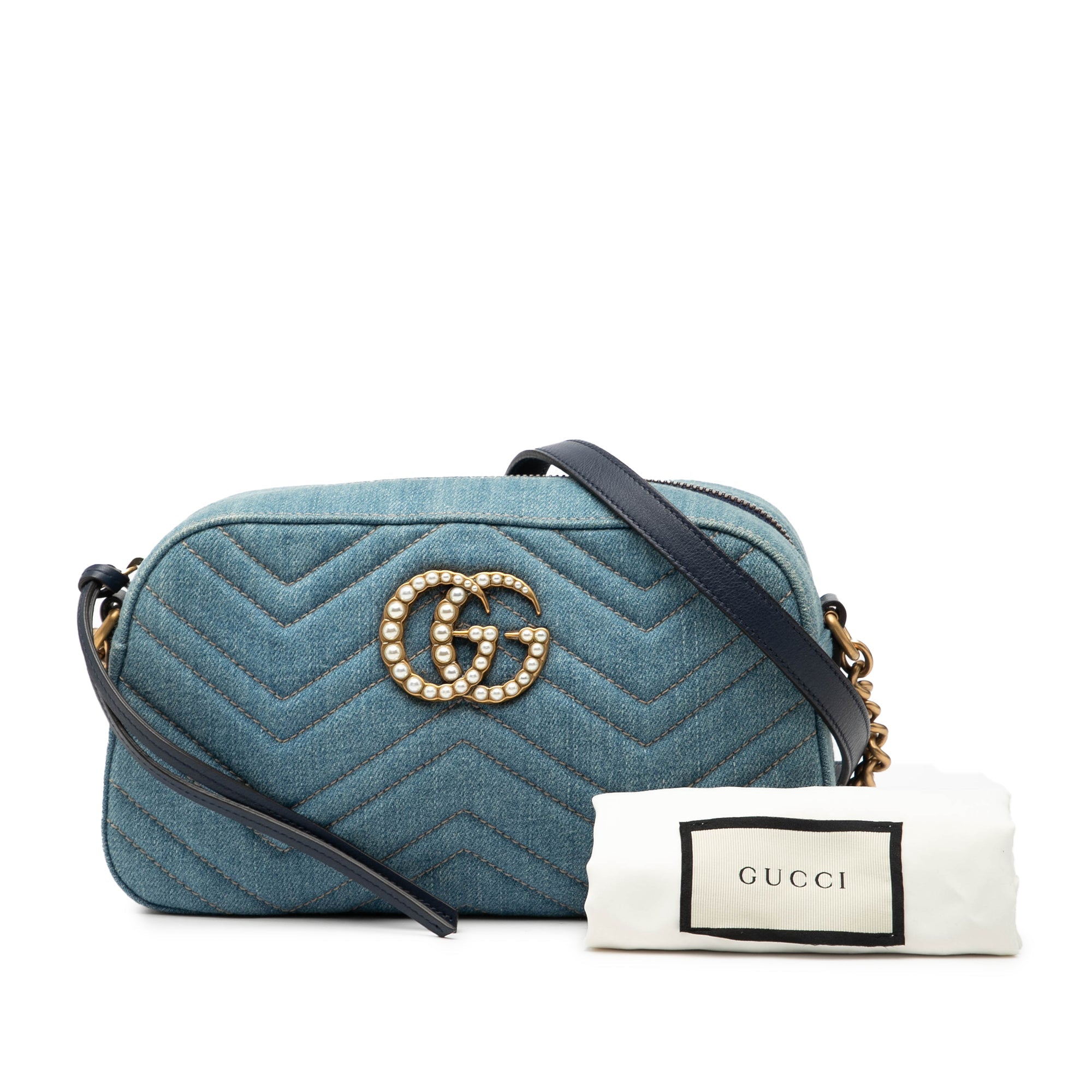 Pearly GG Marmont Shoulder Bag Matelasse Denim Small
