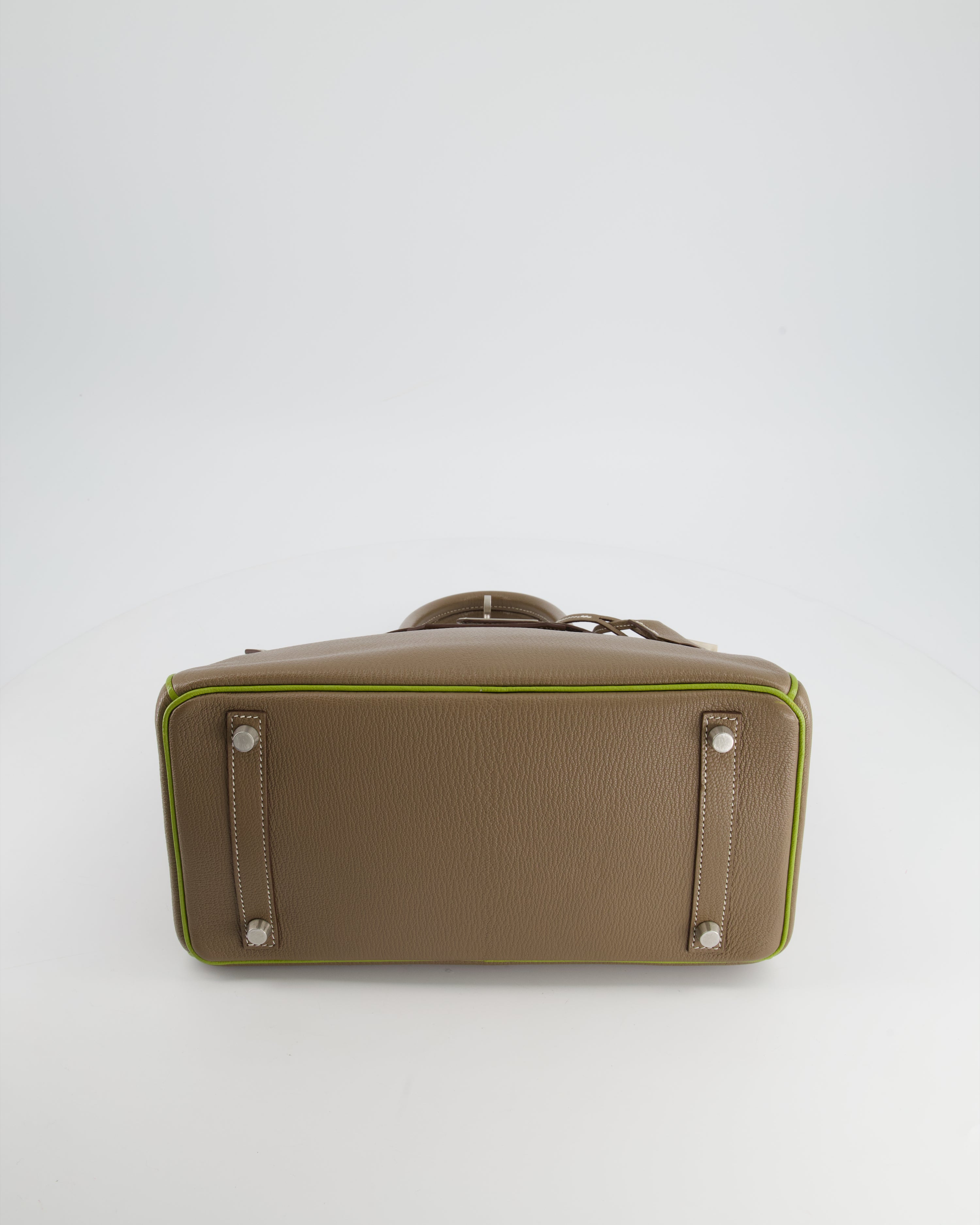 Hermès HSS Birkin 30 Retourne Bag in Etoupe & Vert Anis Chèvre Mysore with Brushed Palladium Hardware