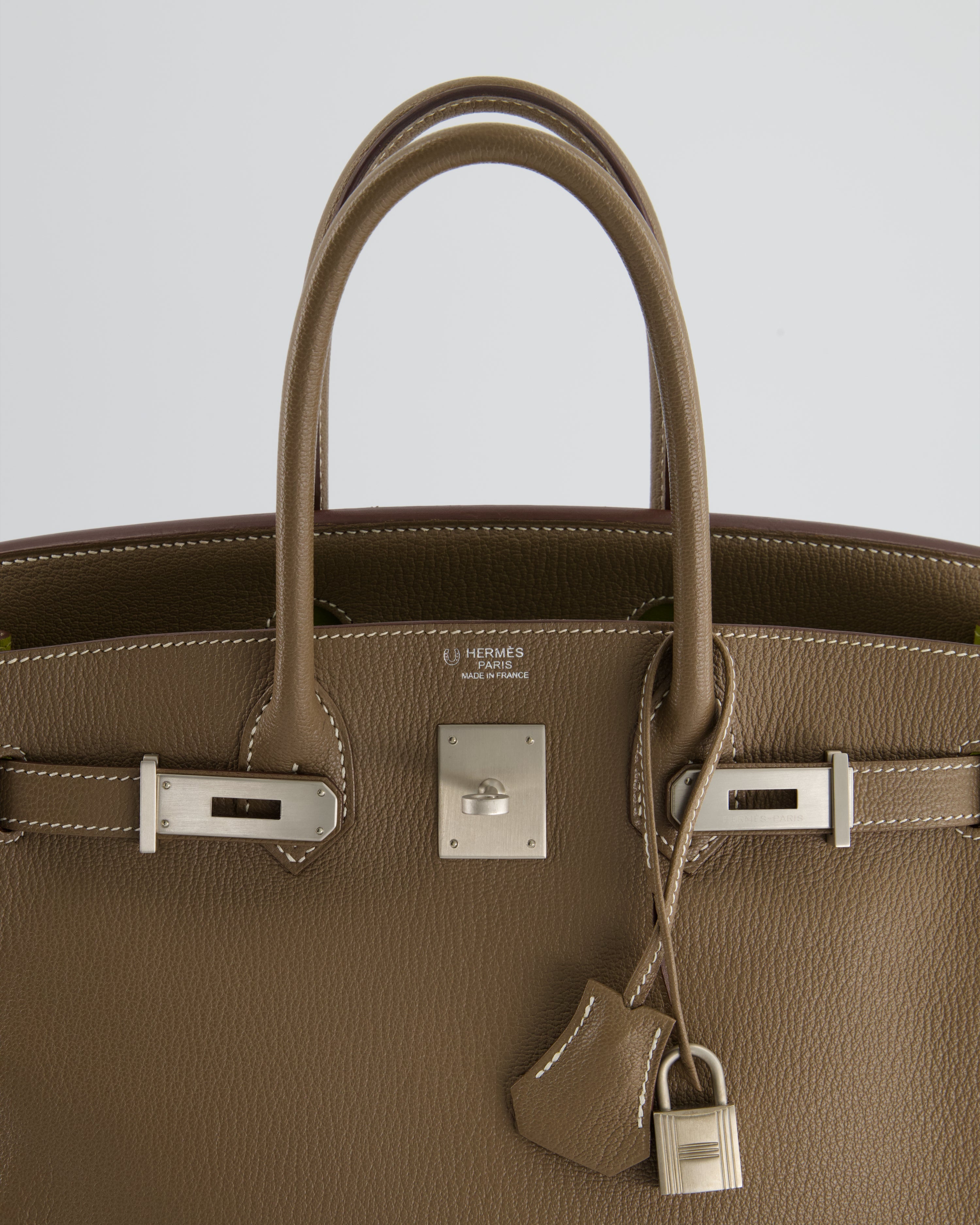 Hermès HSS Birkin 30 Retourne Bag in Etoupe & Vert Anis Chèvre Mysore with Brushed Palladium Hardware