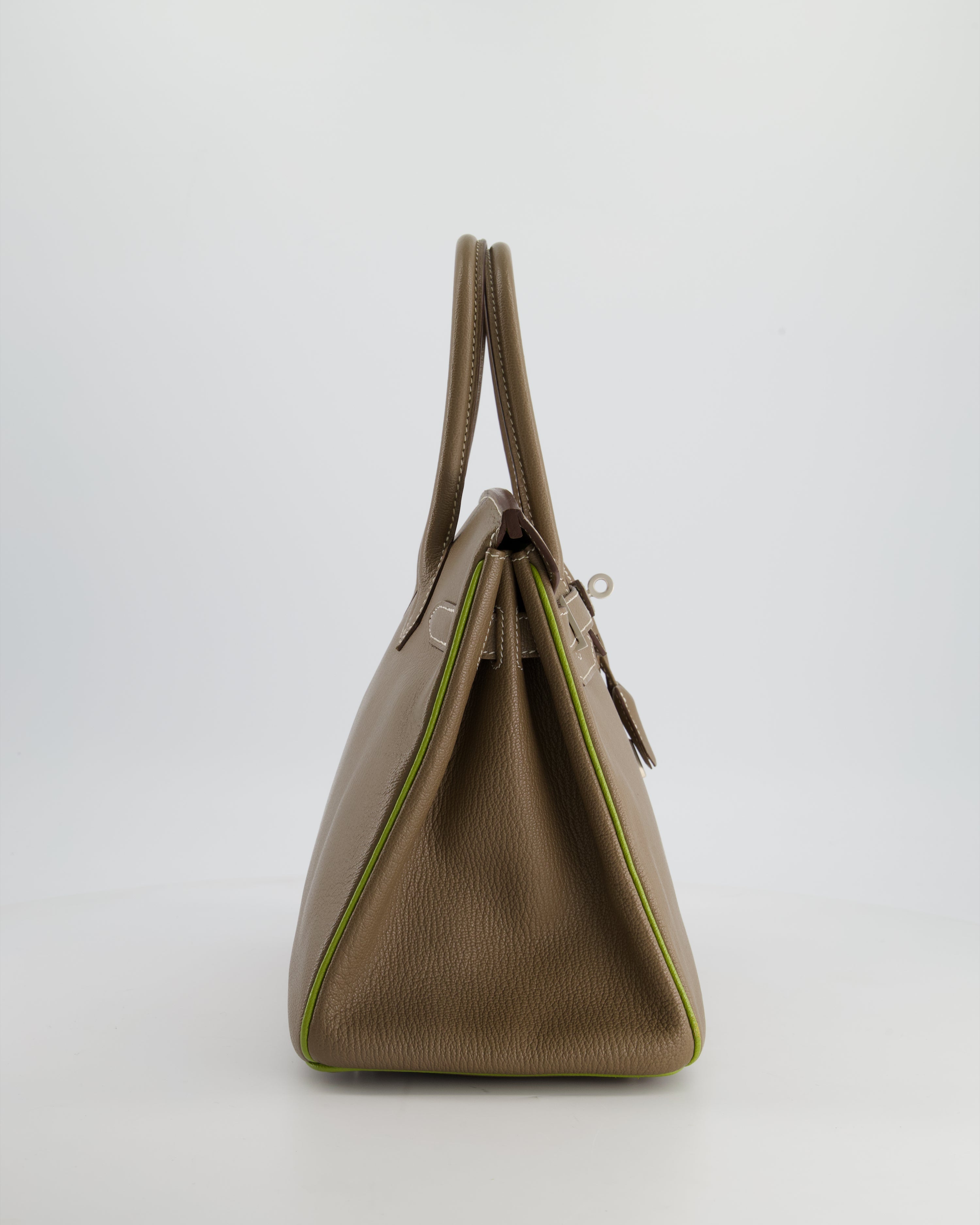 Hermès HSS Birkin 30 Retourne Bag in Etoupe & Vert Anis Chèvre Mysore with Brushed Palladium Hardware