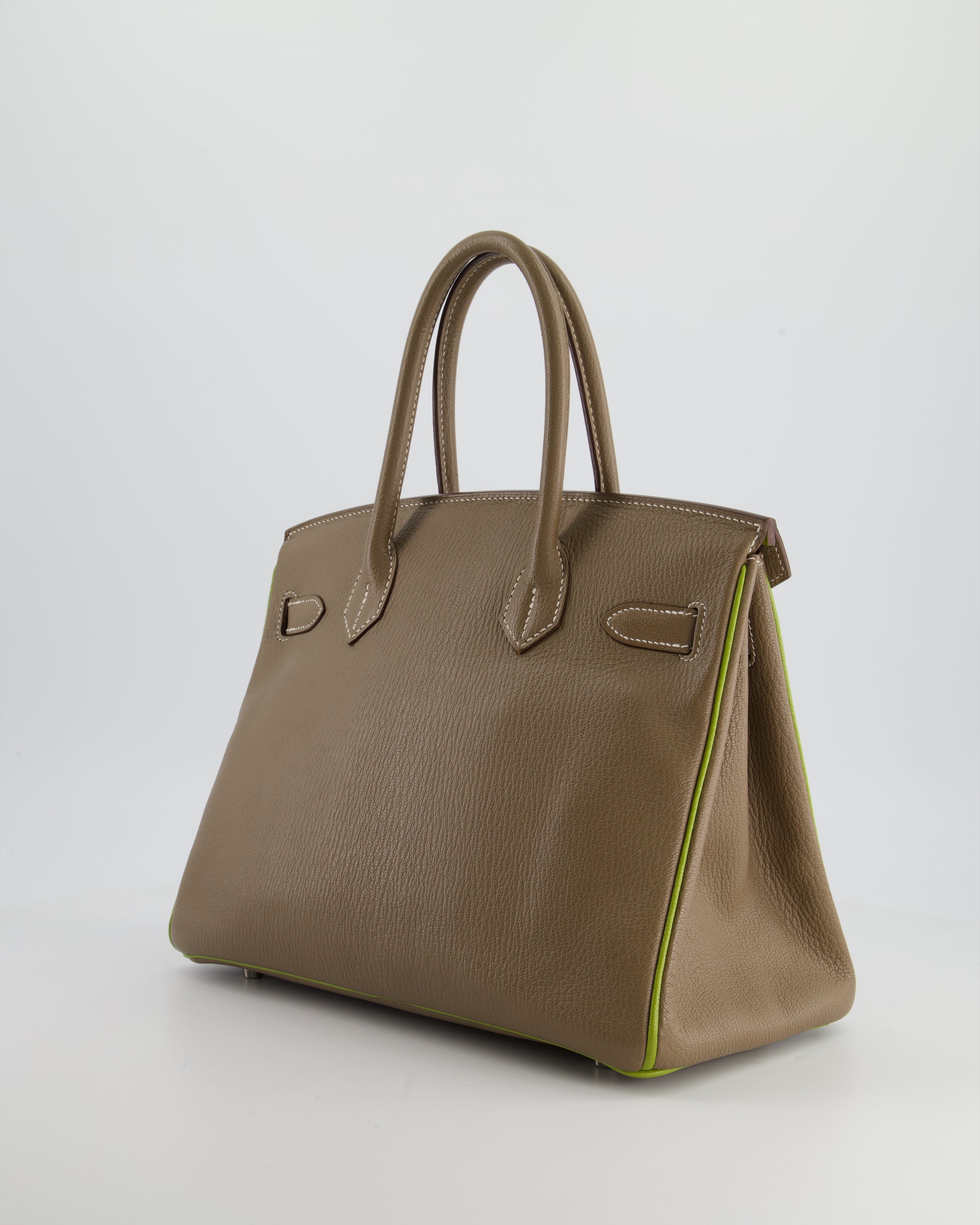 Hermès HSS Birkin 30 Retourne Bag in Etoupe & Vert Anis Chèvre Mysore with Brushed Palladium Hardware