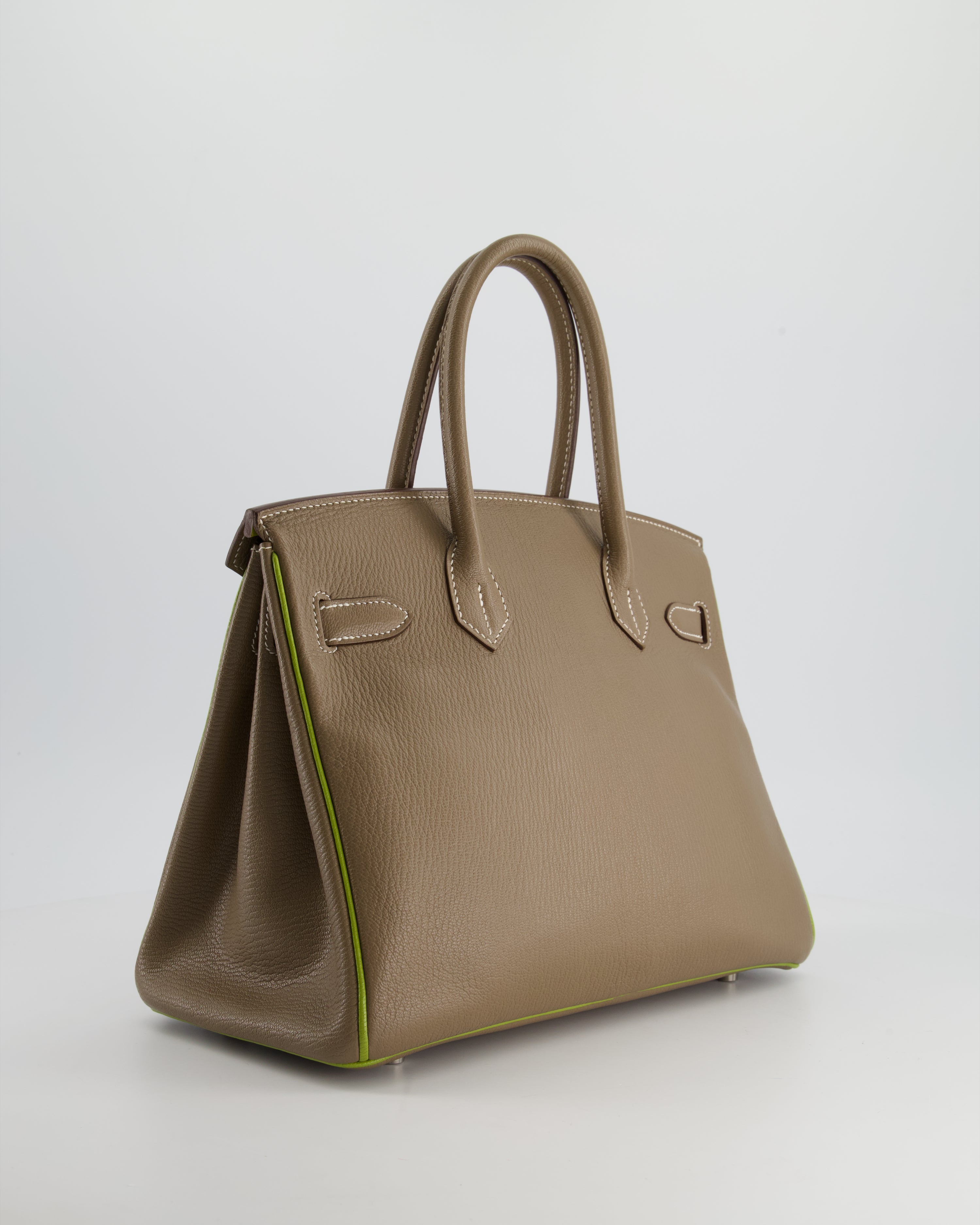 Hermès HSS Birkin 30 Retourne Bag in Etoupe & Vert Anis Chèvre Mysore with Brushed Palladium Hardware