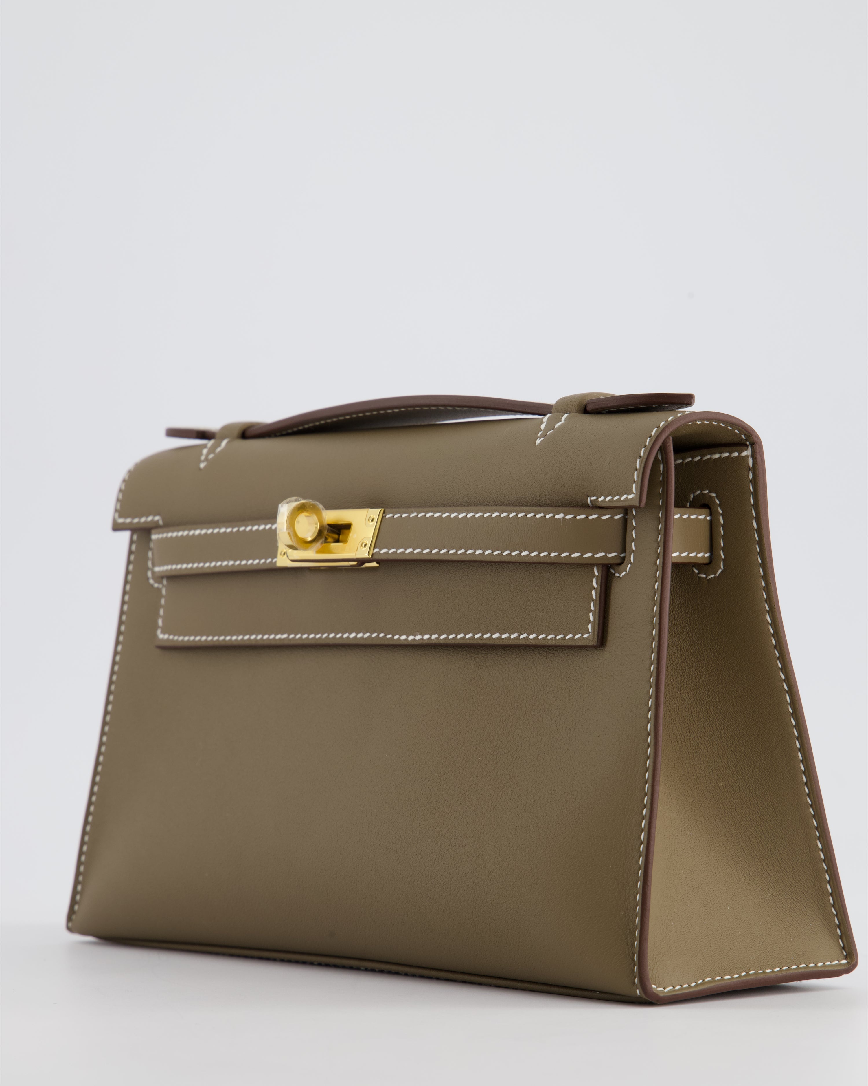 *HOT & RARE* Hermès Kelly Pochette Bag in Etoupe Swift Leather and Gold Hardware