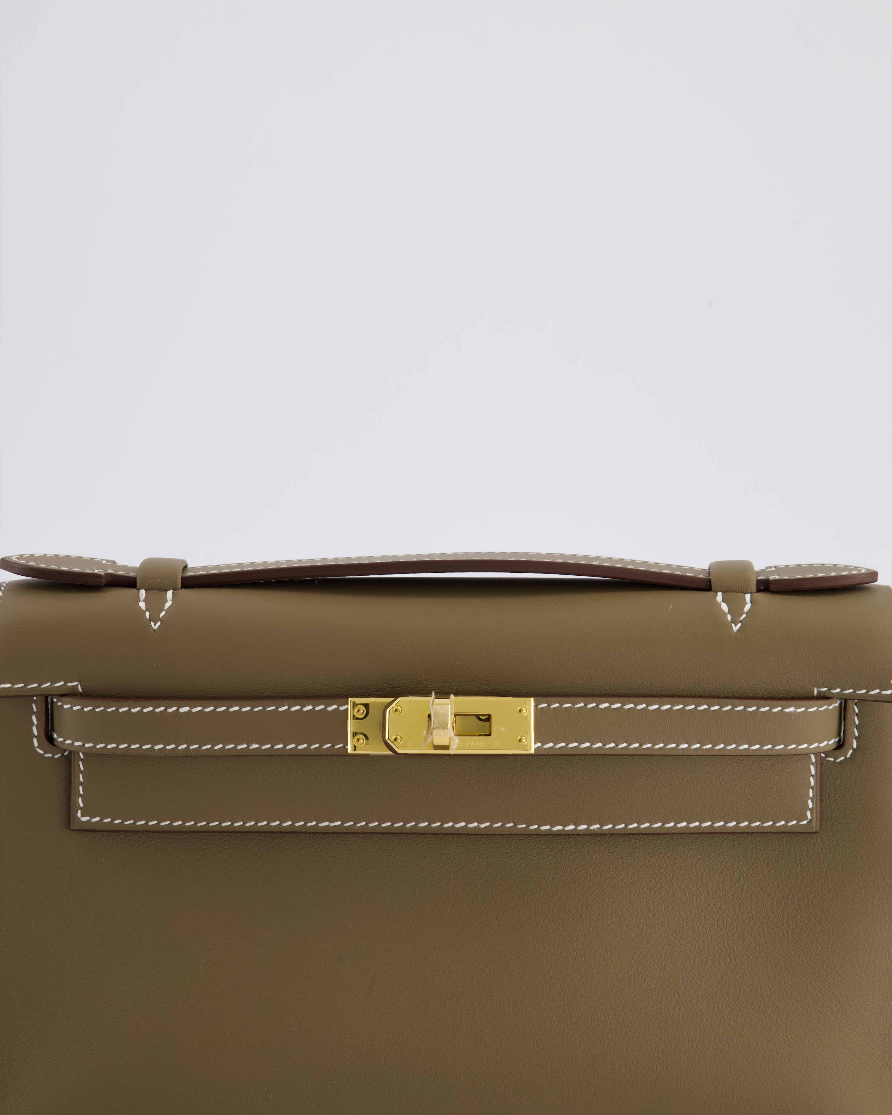 *HOT & RARE* Hermès Kelly Pochette Bag in Etoupe Swift Leather and Gold Hardware