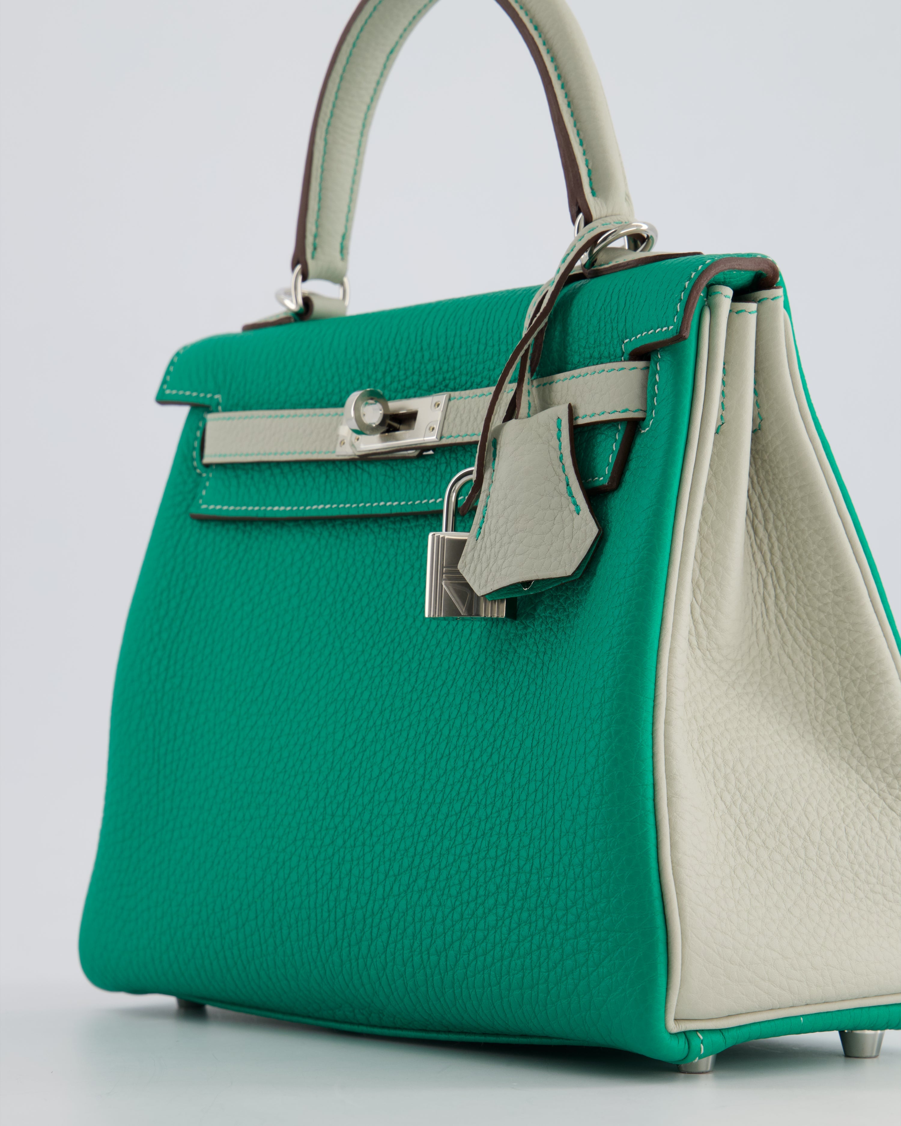 *SUPER RARE* Hermès HSS Kelly 25 Retourne Bag in Vert Vertigo & Gris Perle Togo Leather with Palladium Hardware & Contrast Stitching