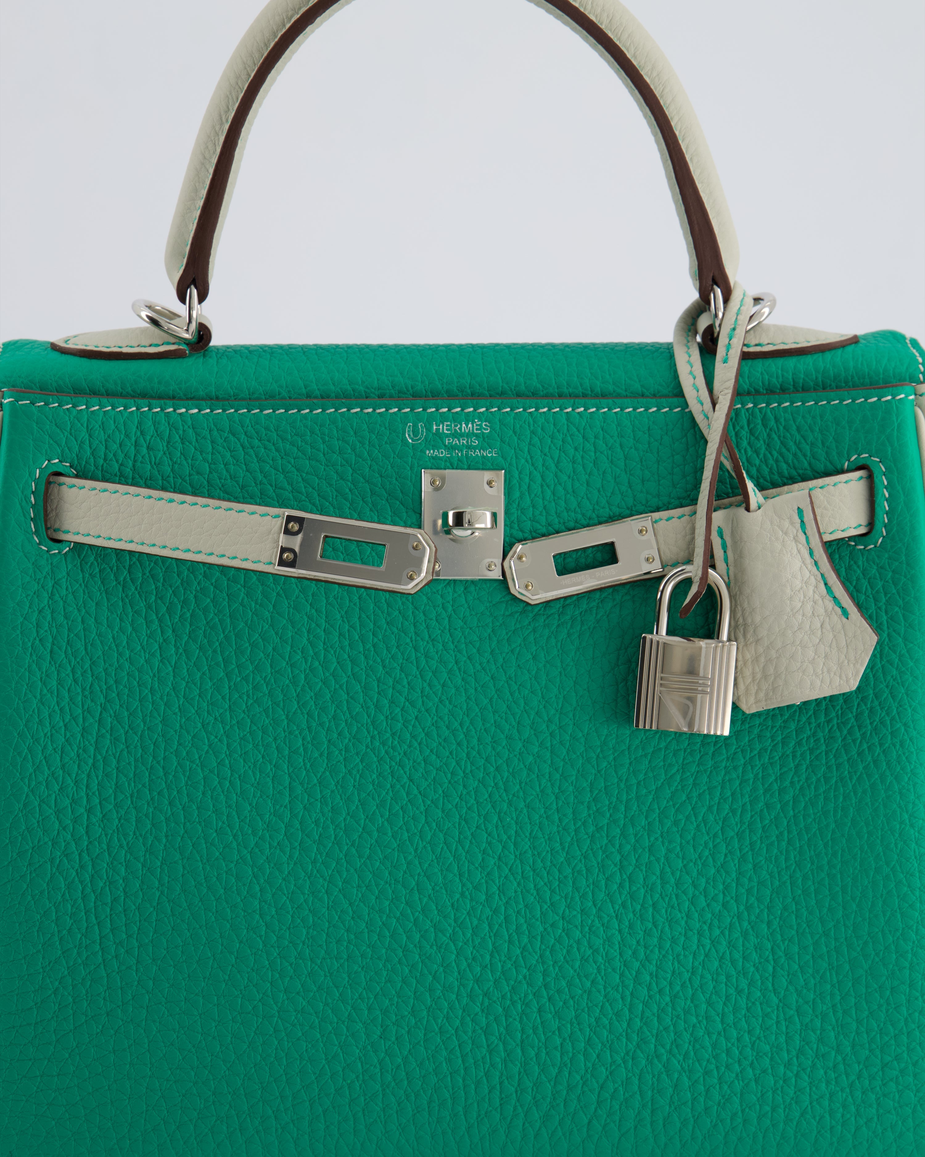 *SUPER RARE* Hermès HSS Kelly 25 Retourne Bag in Vert Vertigo & Gris Perle Togo Leather with Palladium Hardware & Contrast Stitching