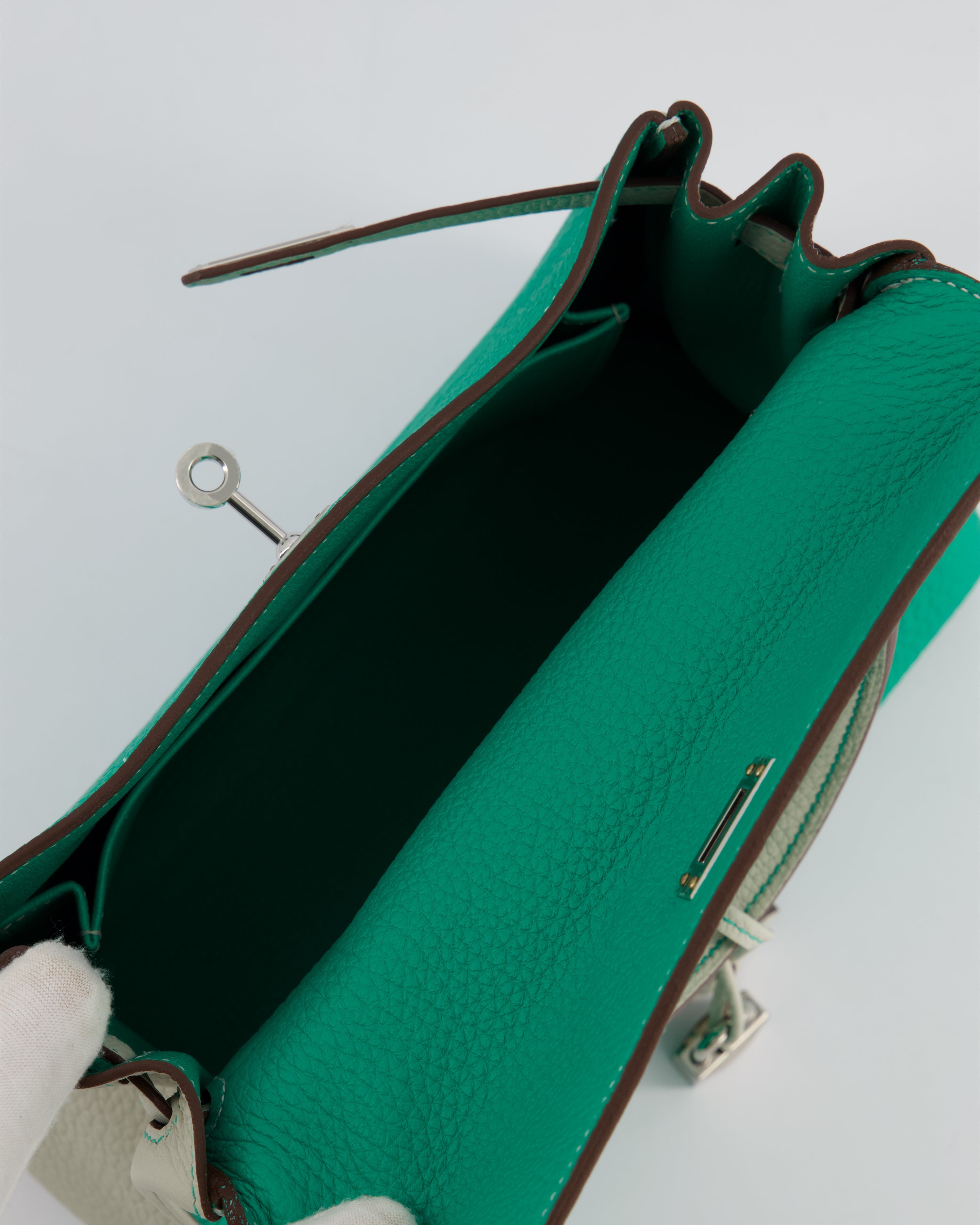 *SUPER RARE* Hermès HSS Kelly 25 Retourne Bag in Vert Vertigo & Gris Perle Togo Leather with Palladium Hardware & Contrast Stitching