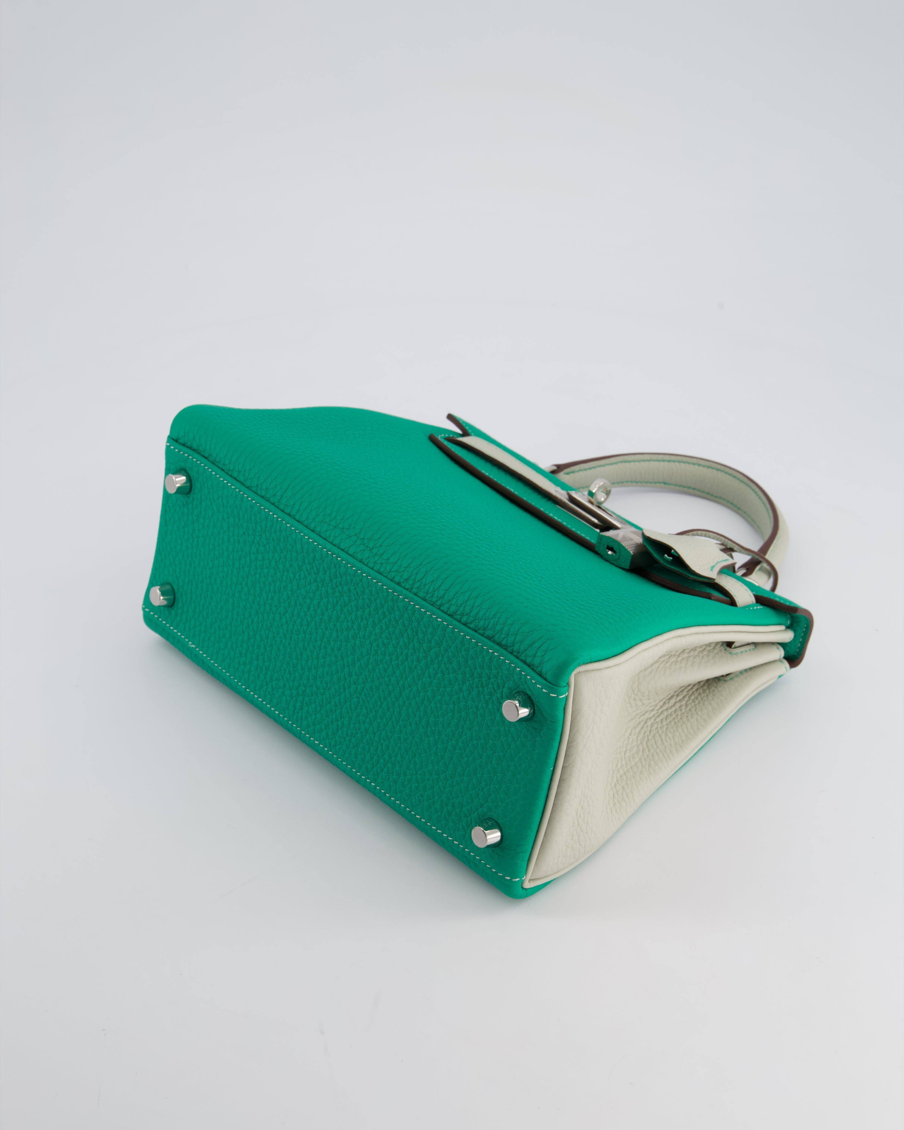 *SUPER RARE* Hermès HSS Kelly 25 Retourne Bag in Vert Vertigo & Gris Perle Togo Leather with Palladium Hardware & Contrast Stitching