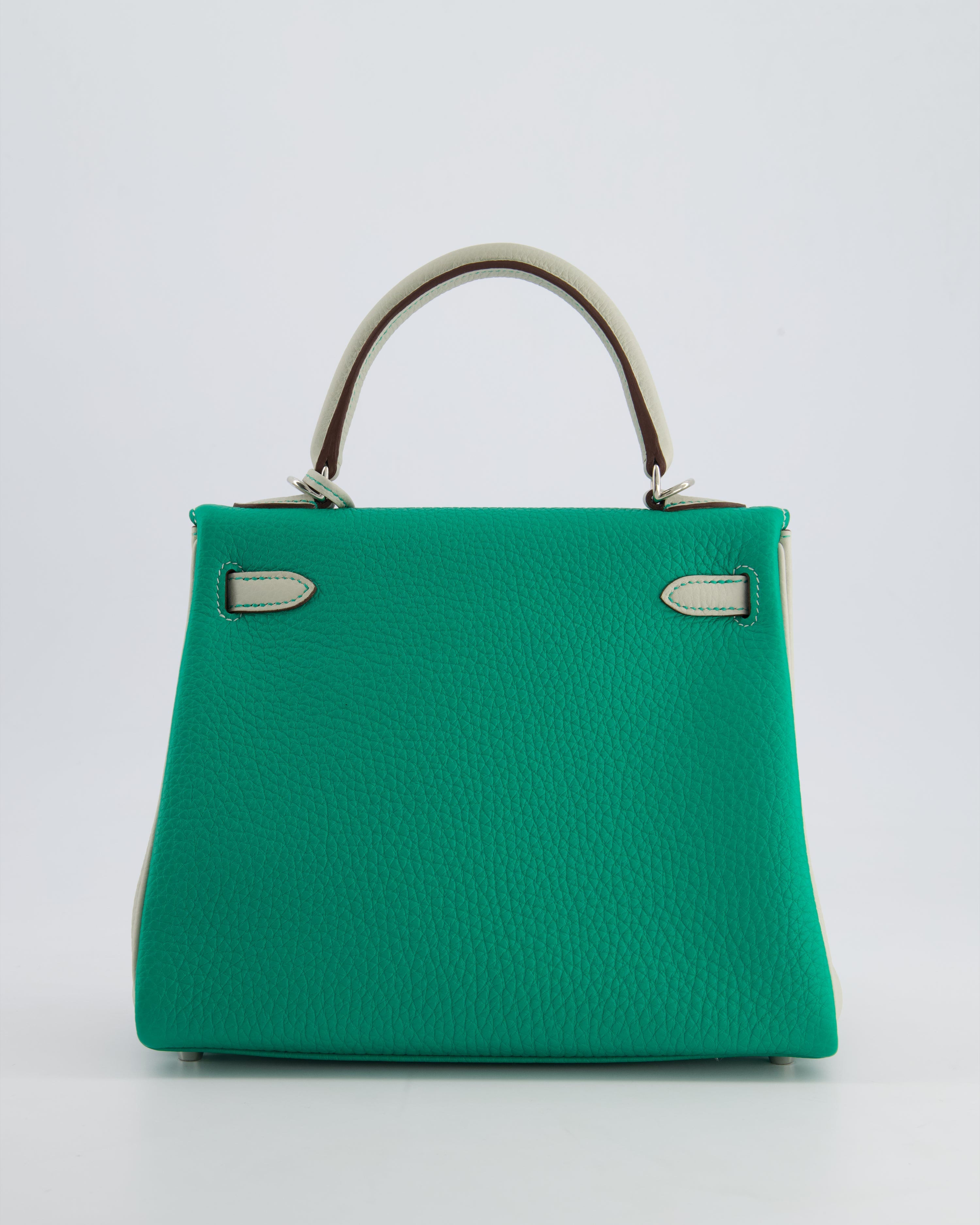 *SUPER RARE* Hermès HSS Kelly 25 Retourne Bag in Vert Vertigo & Gris Perle Togo Leather with Palladium Hardware & Contrast Stitching
