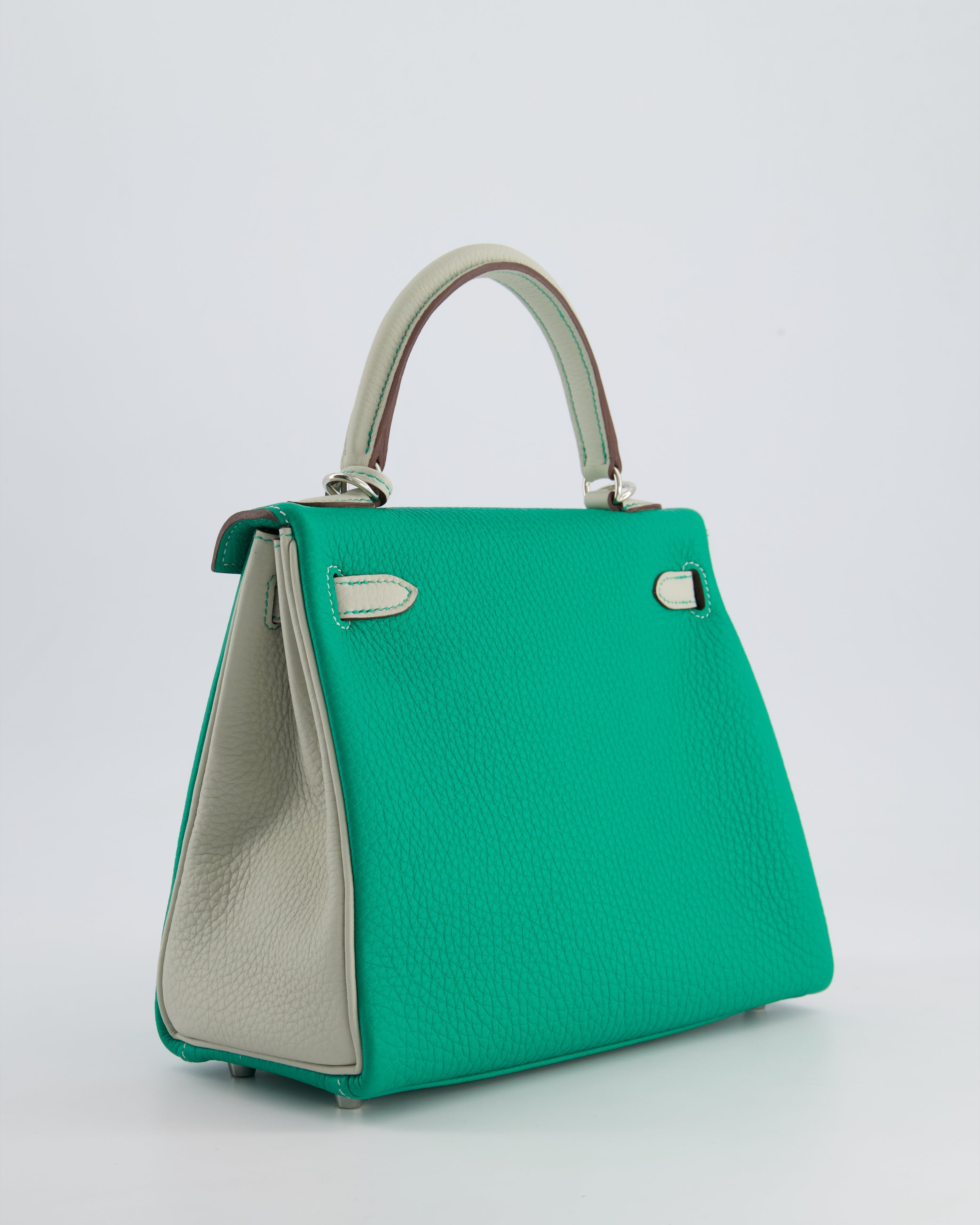 *SUPER RARE* Hermès HSS Kelly 25 Retourne Bag in Vert Vertigo & Gris Perle Togo Leather with Palladium Hardware & Contrast Stitching