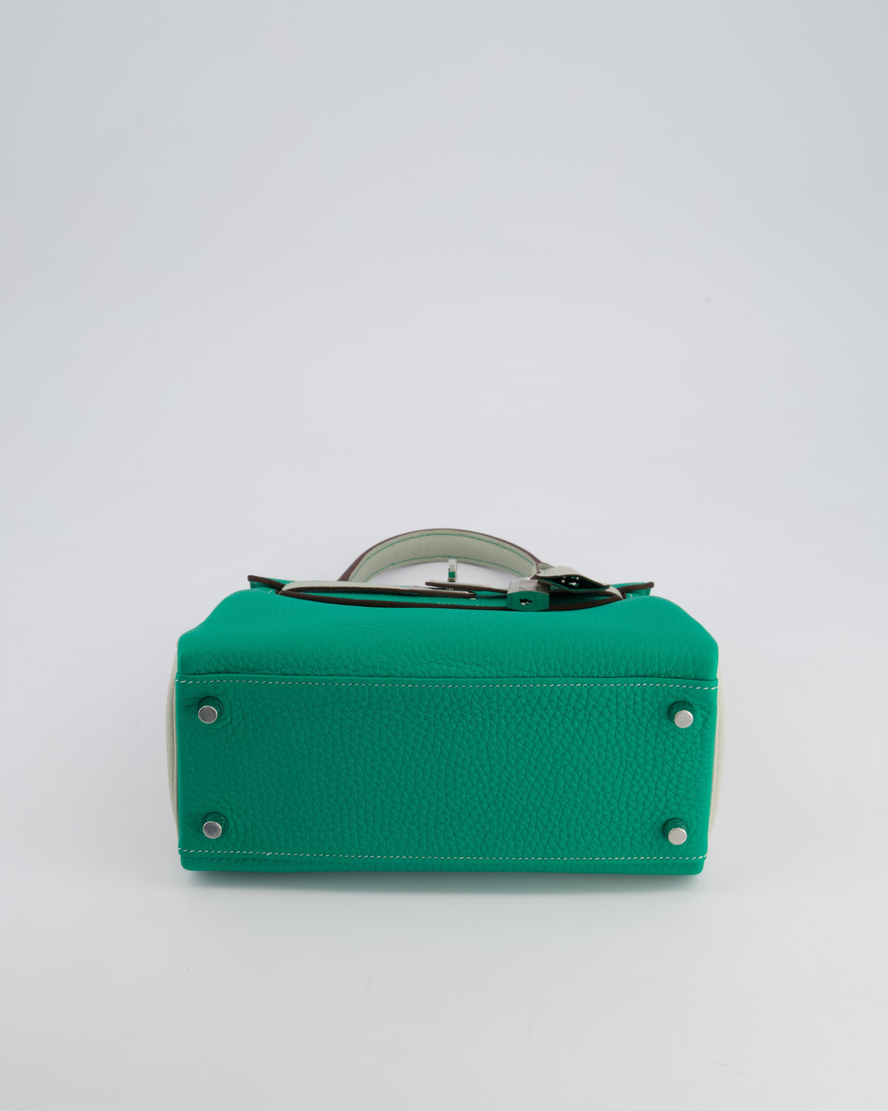 *SUPER RARE* Hermès HSS Kelly 25 Retourne Bag in Vert Vertigo & Gris Perle Togo Leather with Palladium Hardware & Contrast Stitching