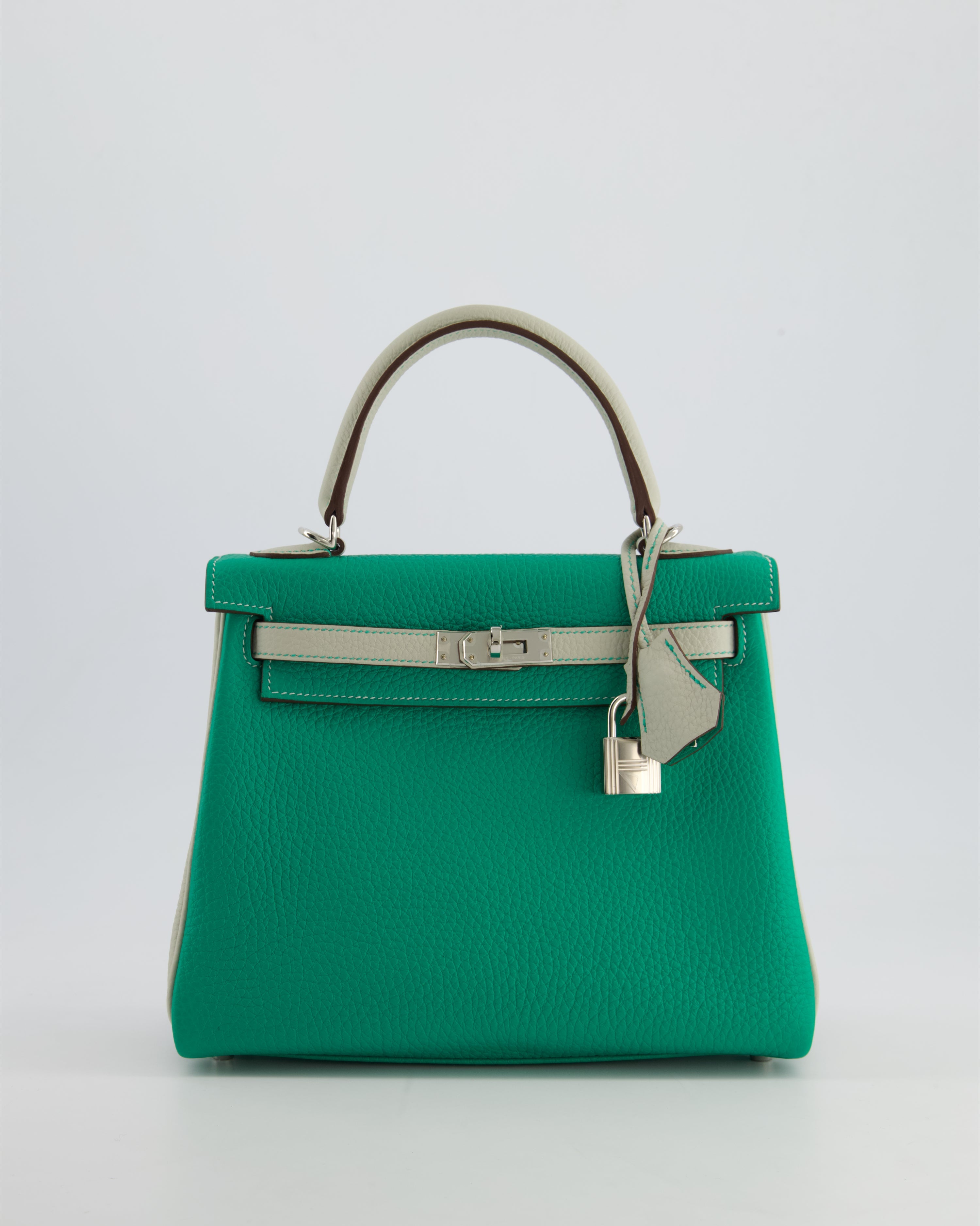 *SUPER RARE* Hermès HSS Kelly 25 Retourne Bag in Vert Vertigo & Gris Perle Togo Leather with Palladium Hardware & Contrast Stitching