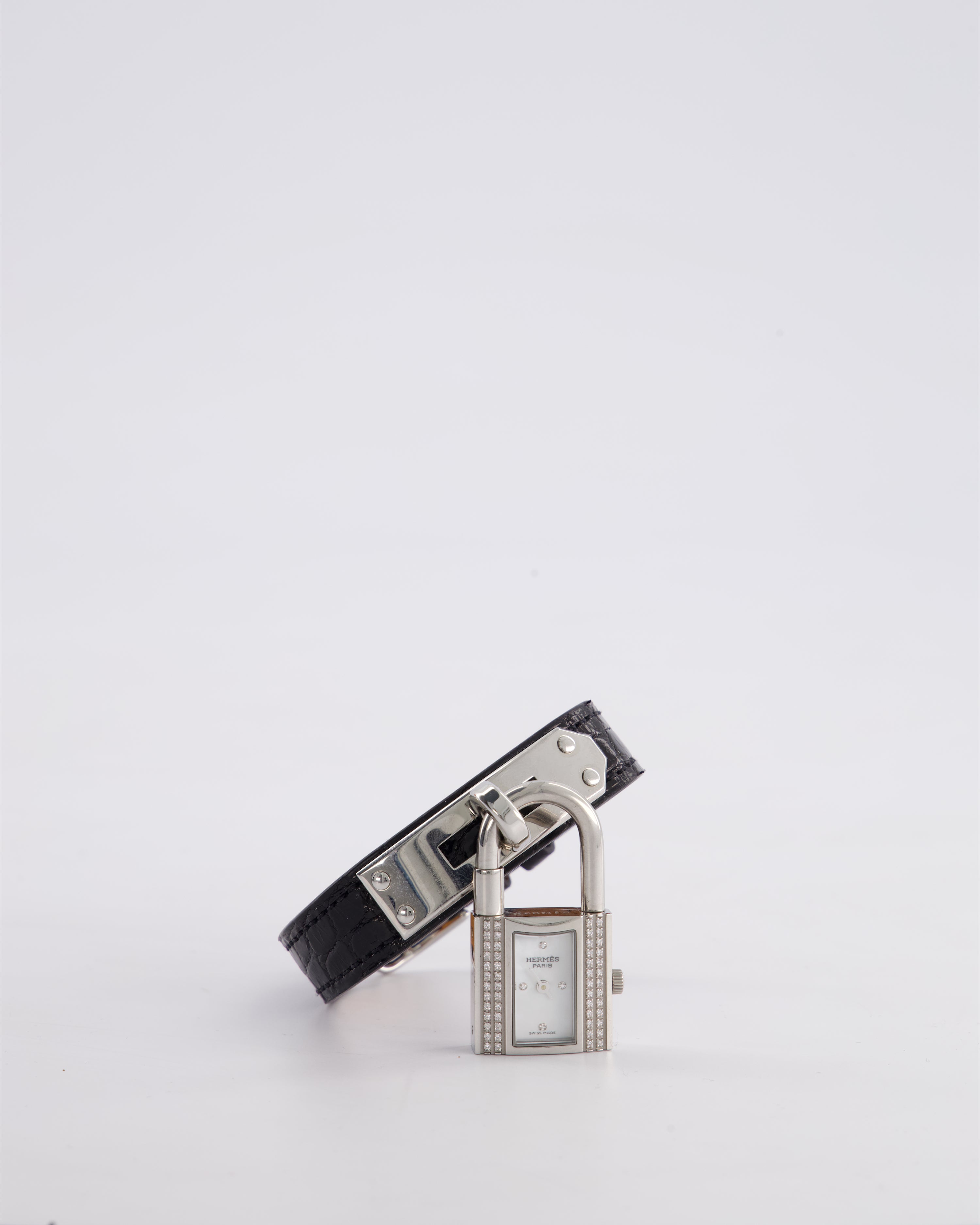 Hermès Kelly Stainless Steel, Diamonds, Black Alligator Crocodile strap and Mother of Pearl 20mm Watch
