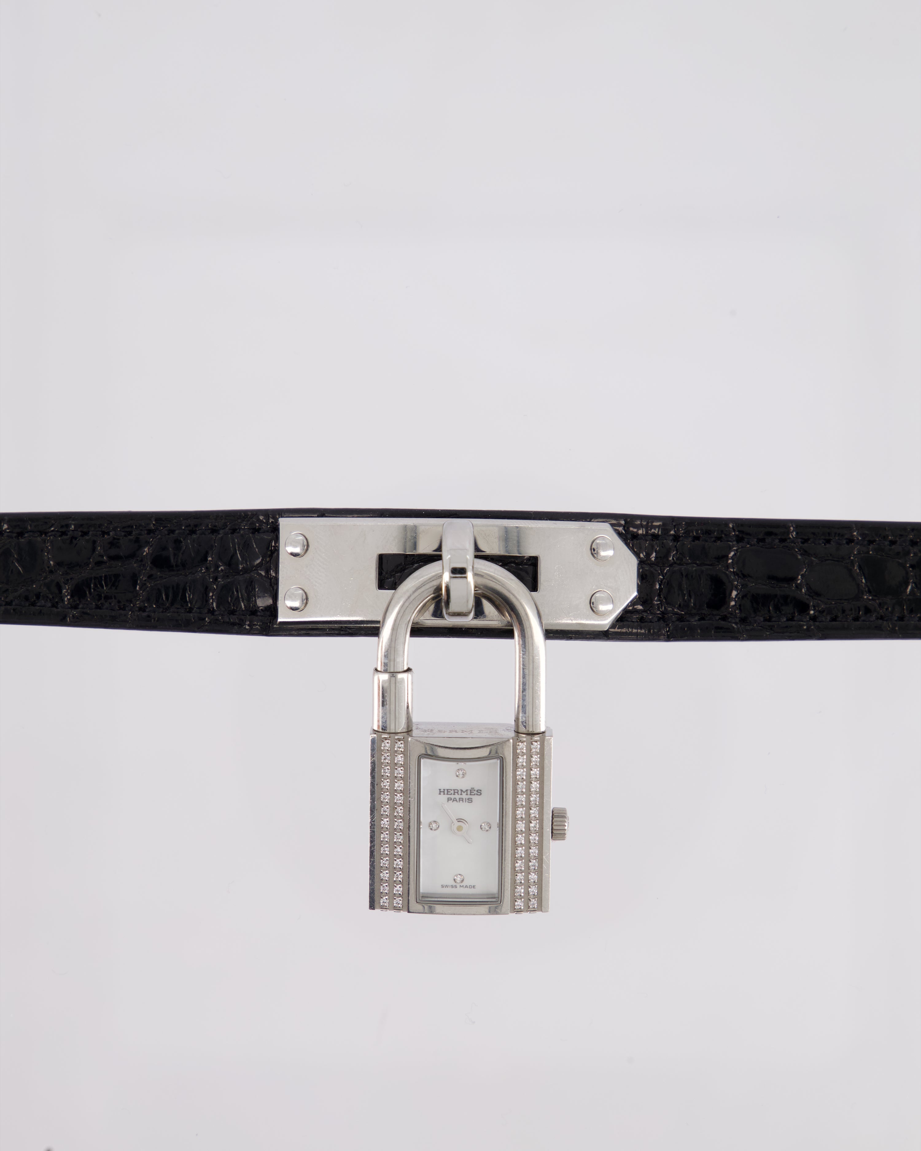 Hermès Kelly Stainless Steel, Diamonds, Black Alligator Crocodile strap and Mother of Pearl 20mm Watch