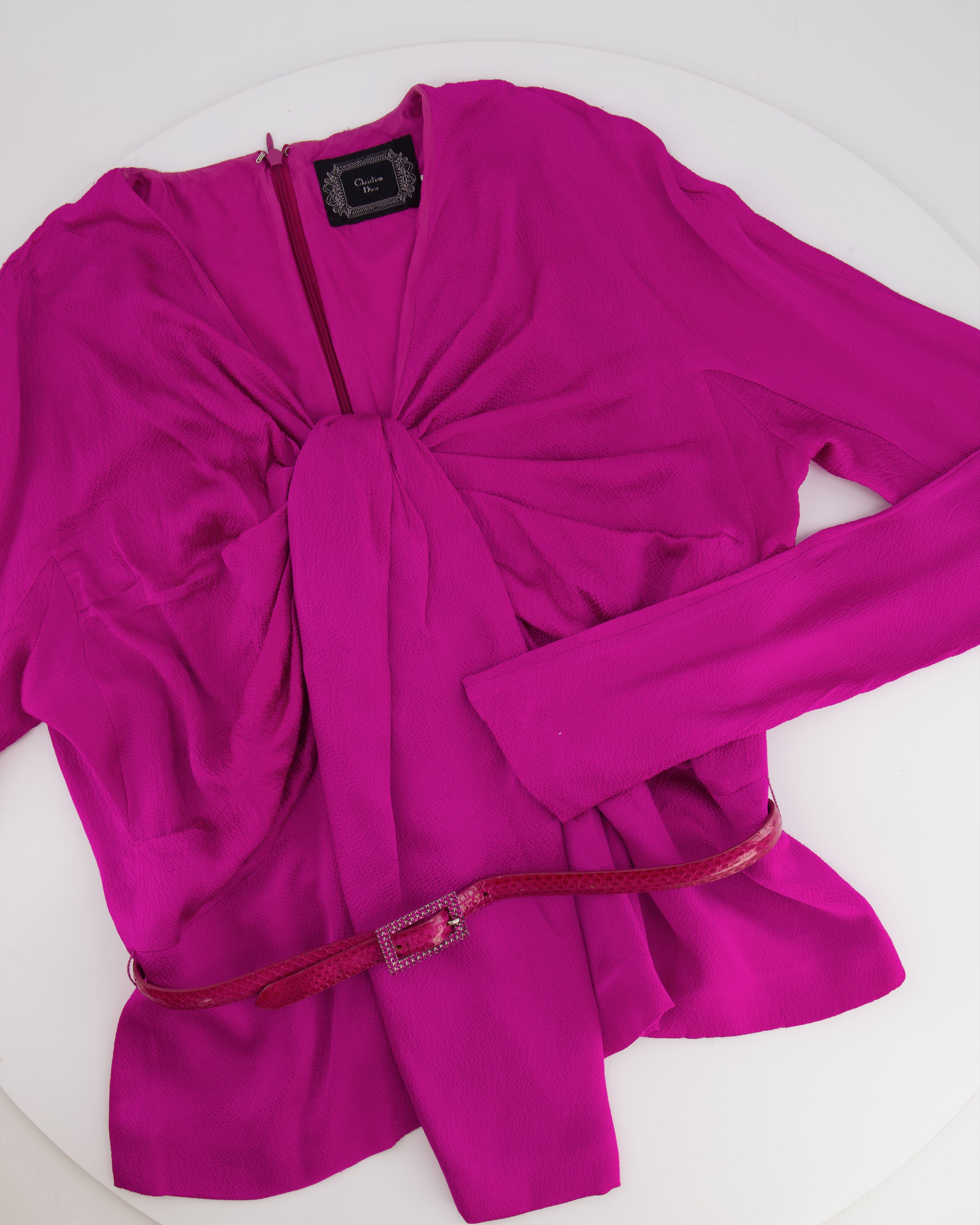 Christian Dior Hot Pink Silk Top and Skirt Set with Crystal Belt Detail Size FR 42 (UK 14)