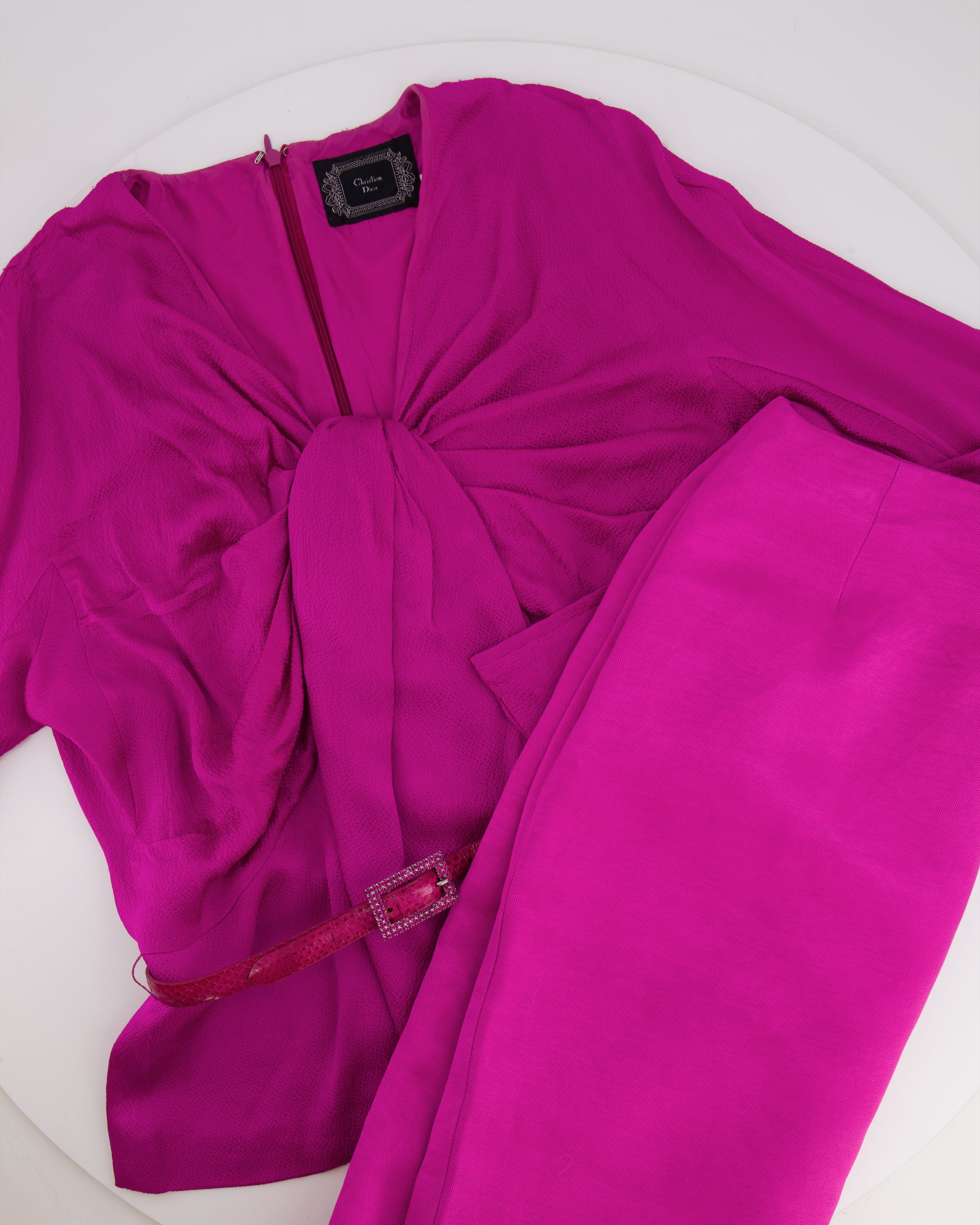 Christian Dior Hot Pink Silk Top and Skirt Set with Crystal Belt Detail Size FR 42 (UK 14)