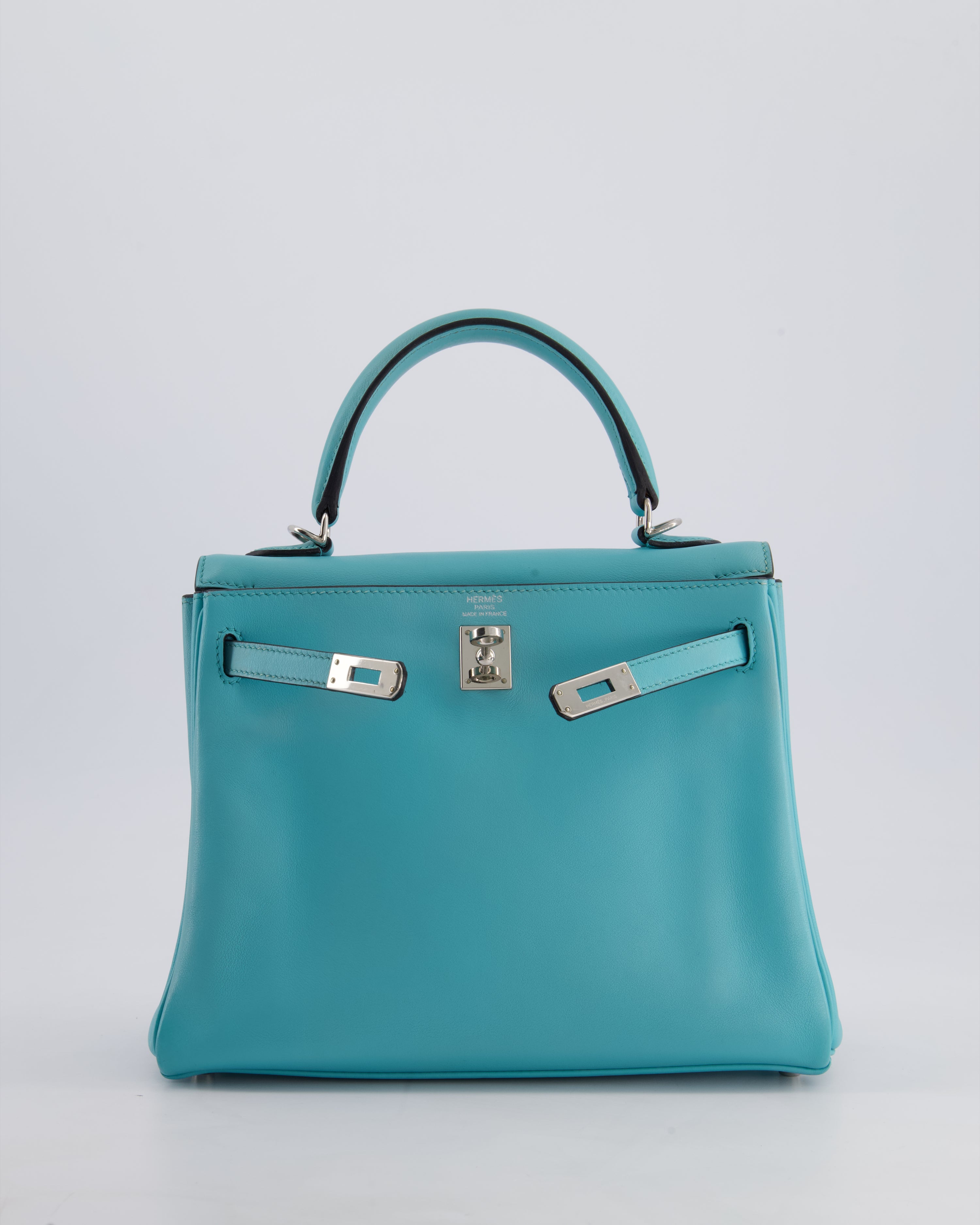 Hermès Kelly 25 Retourne Bag in Bleu Atoll Swift Leather with Palladium Hardware