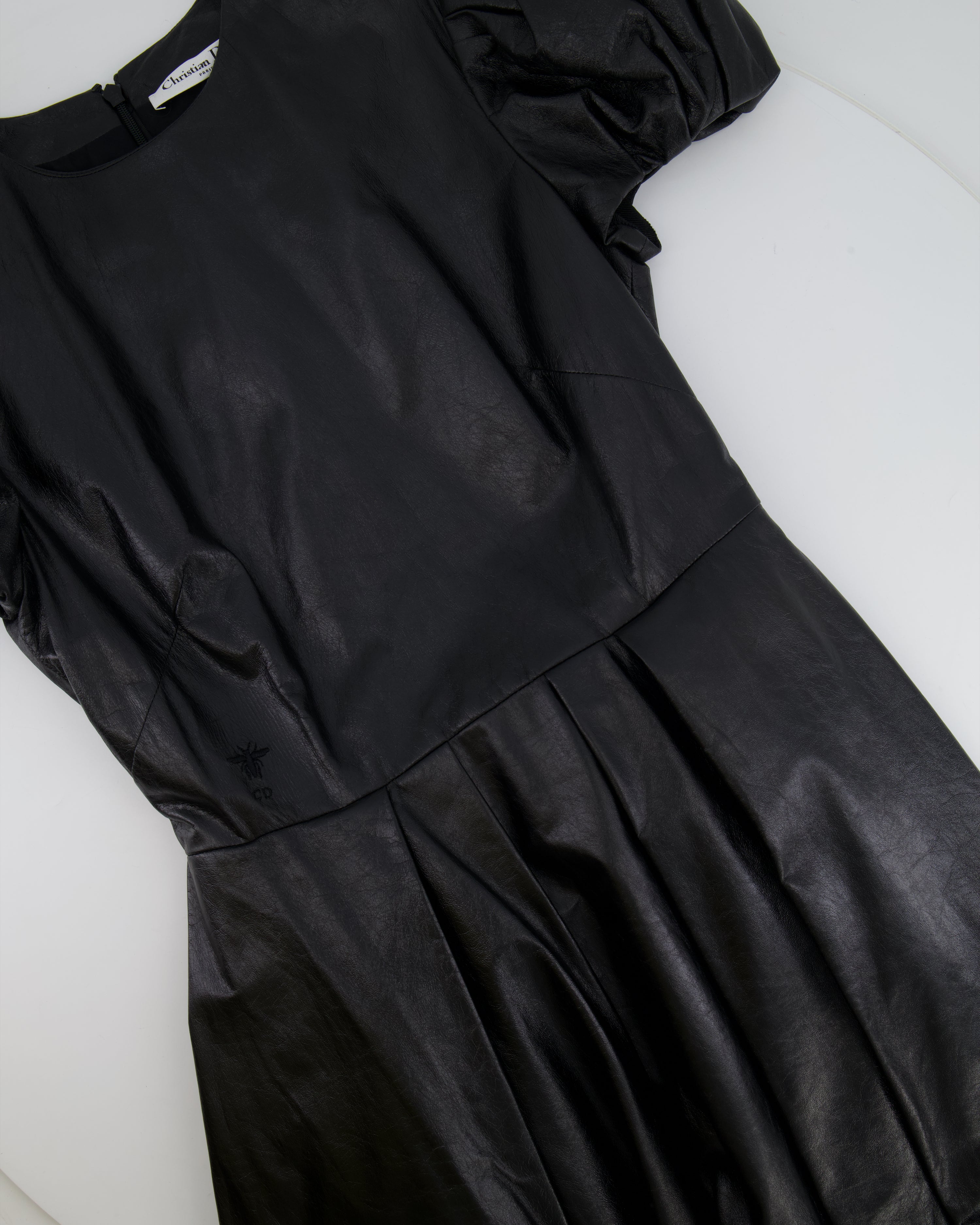 Christian Dior Black Leather Mini Short Sleeve Dress with CD Logo Detail Size FR 38 (UK 10)
