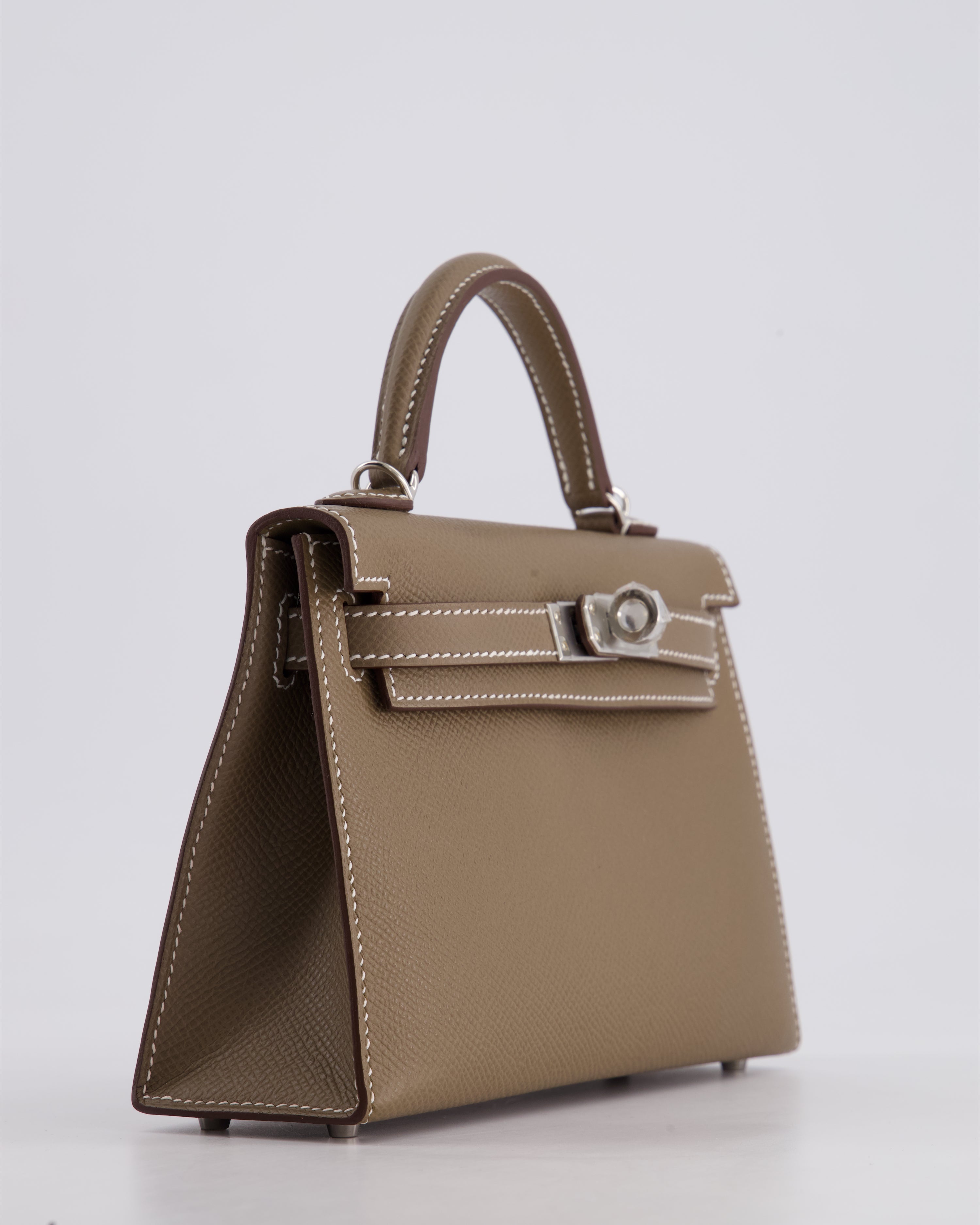 *HOT* Hermès Mini Kelly II 20 Bag in Etoupe Epsom Leather with Palladium Hardware