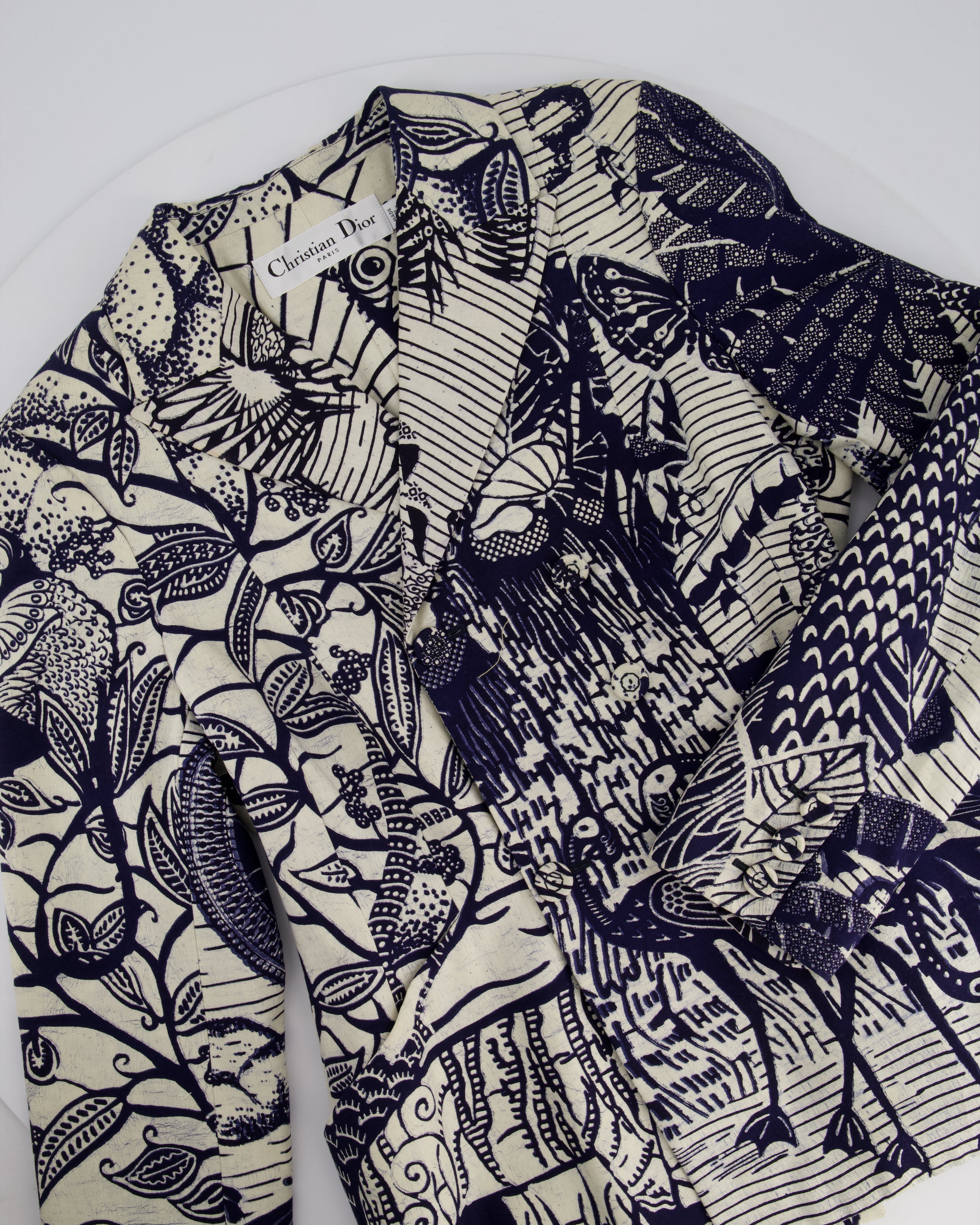 Christian Dior Cruise 2020 Cream and Blue Botanical Printed Button Down Bar Jacket Size FR 38 (UK 10)