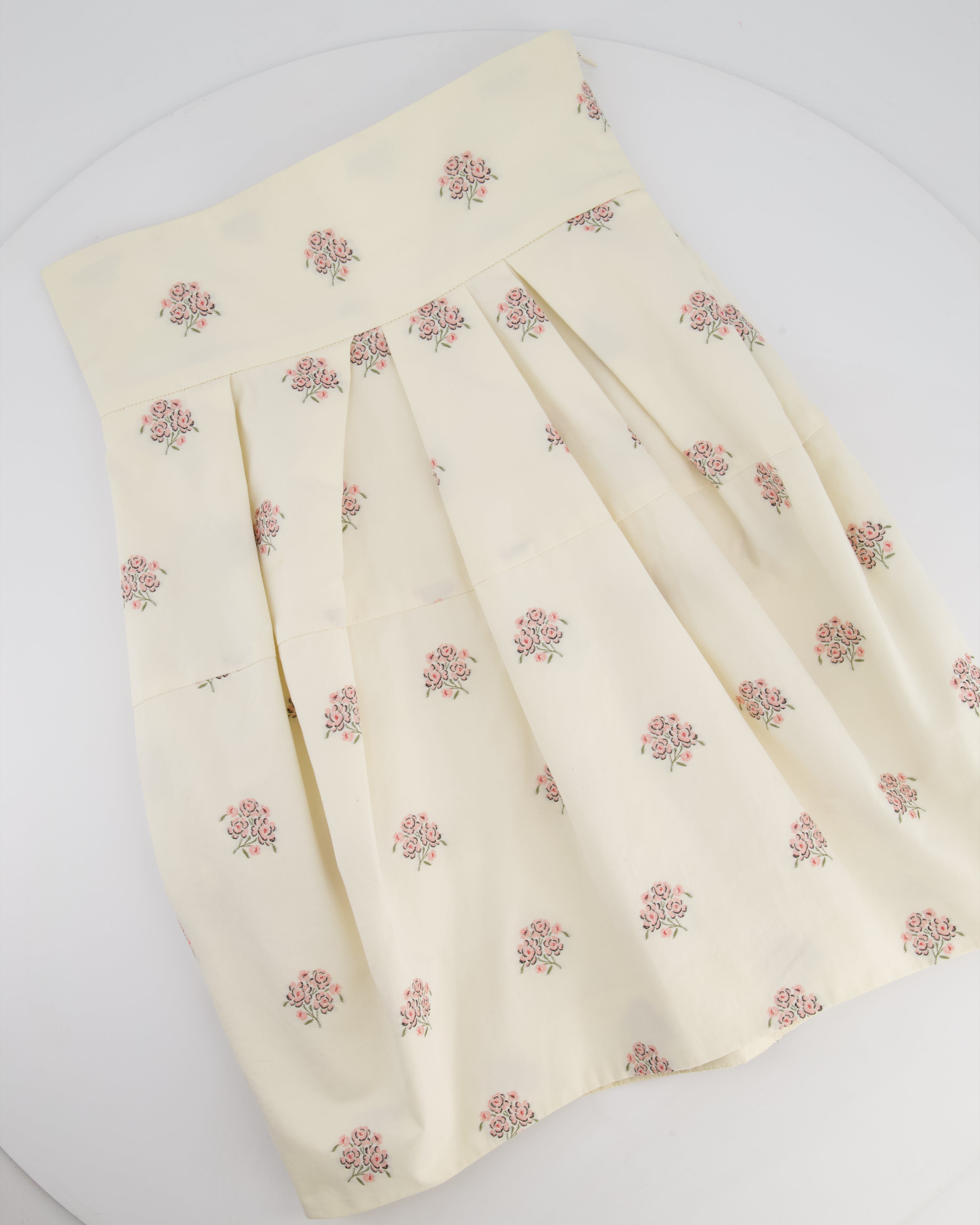 Christian Dior Cream and Pink Floral Print High-Waisted Mini Skirt with Pleated Detail Size FR 34 (UK 6)