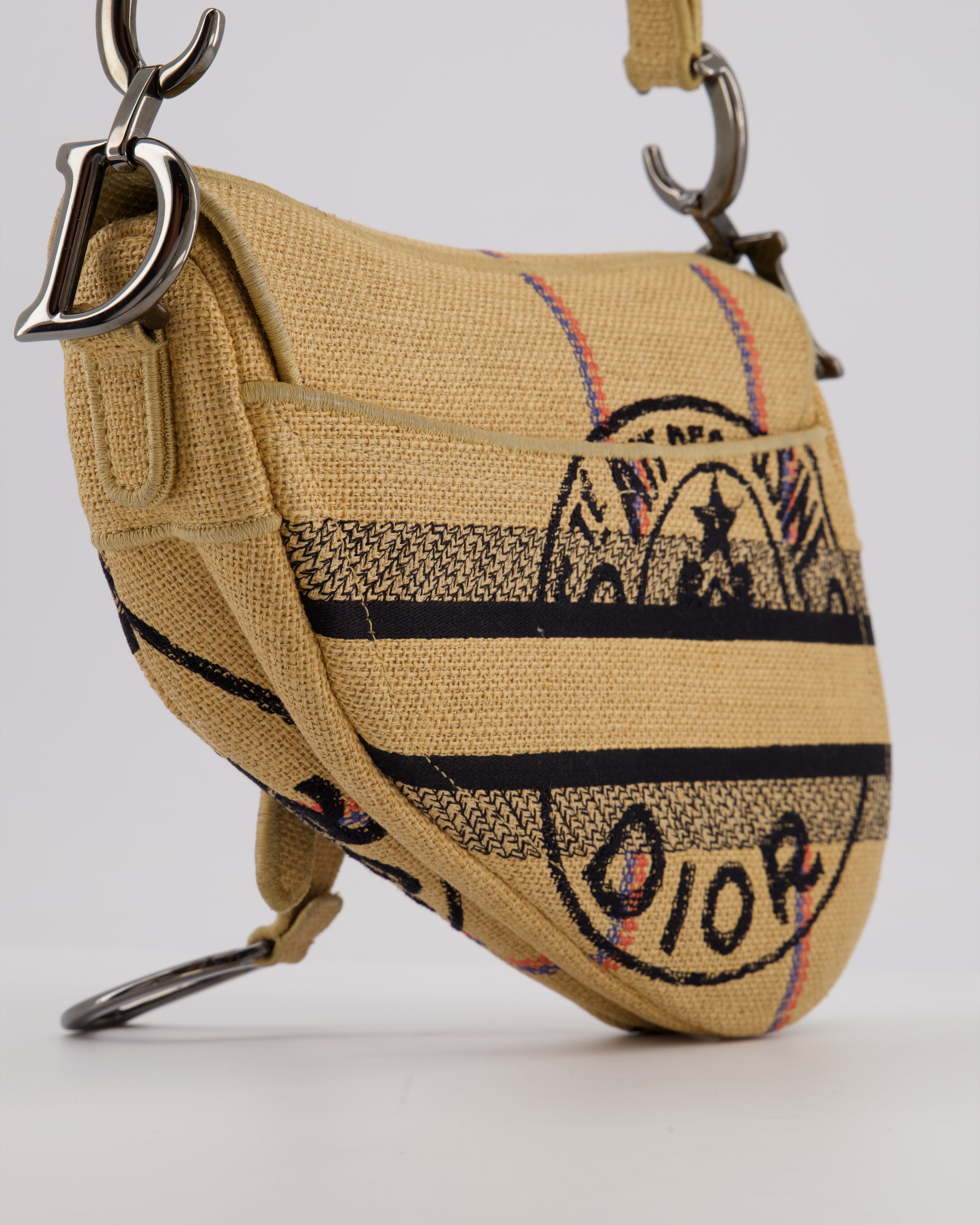 Christian Dior Medium Jute Canvas Embroidered Union Saddle Bag in Raffia Canvas with Ruthenium Hardware