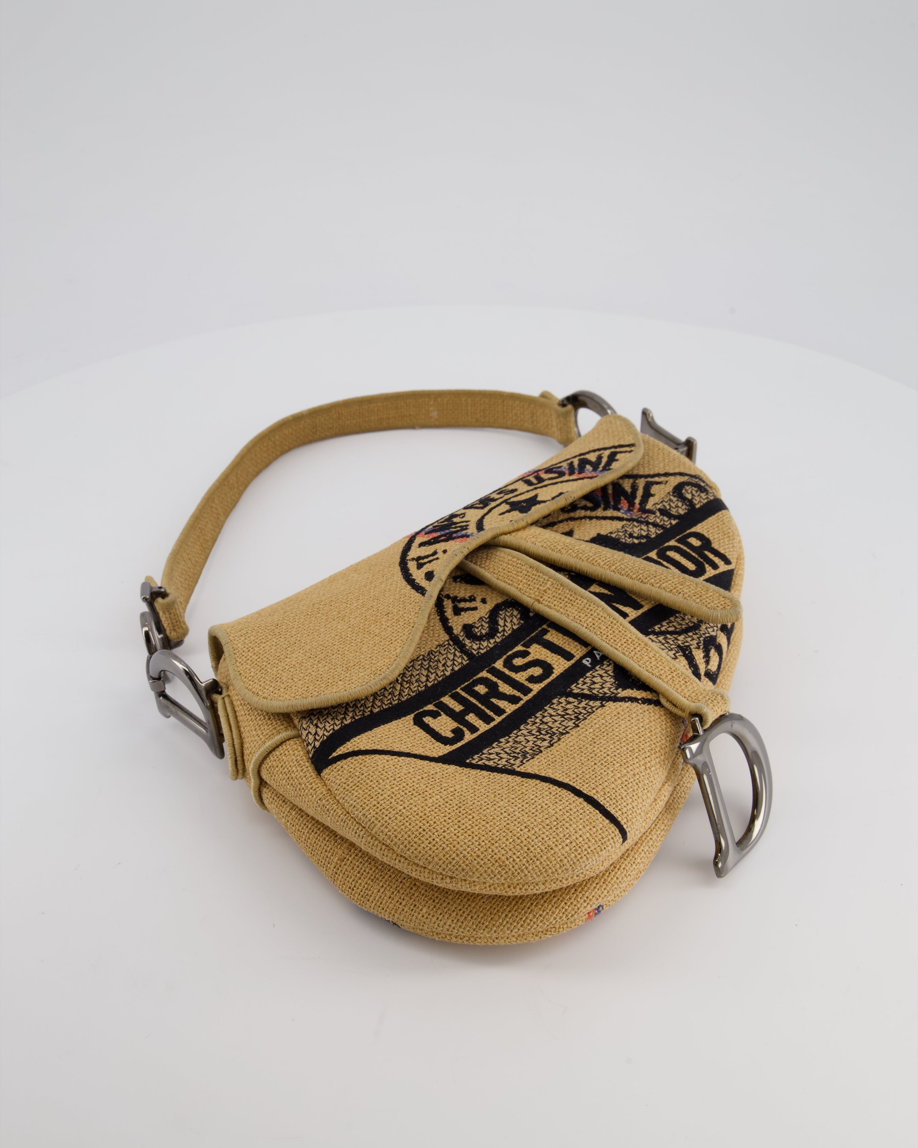 Christian Dior Medium Jute Canvas Embroidered Union Saddle Bag in Raffia Canvas with Ruthenium Hardware