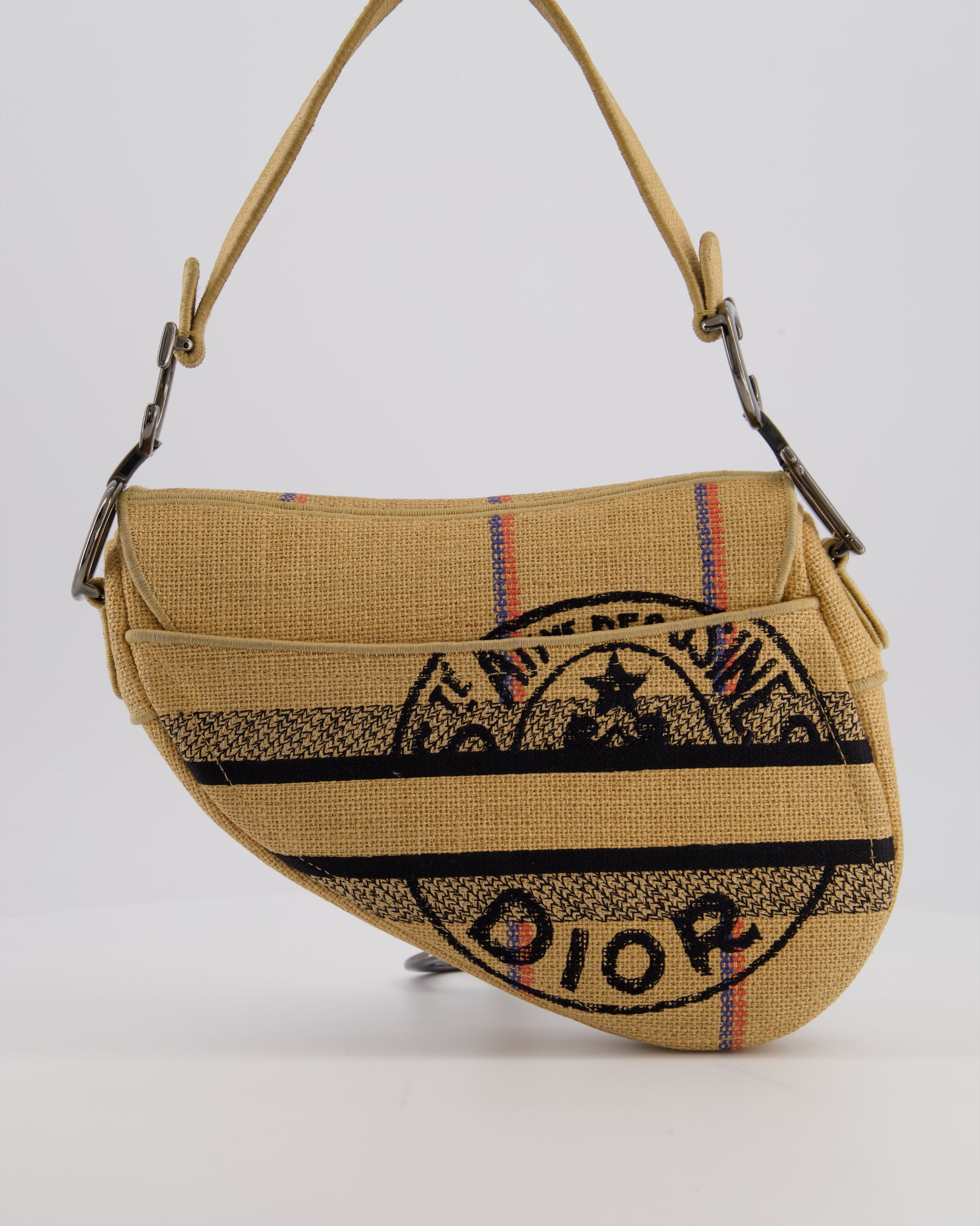 Christian Dior Medium Jute Canvas Embroidered Union Saddle Bag in Raffia Canvas with Ruthenium Hardware