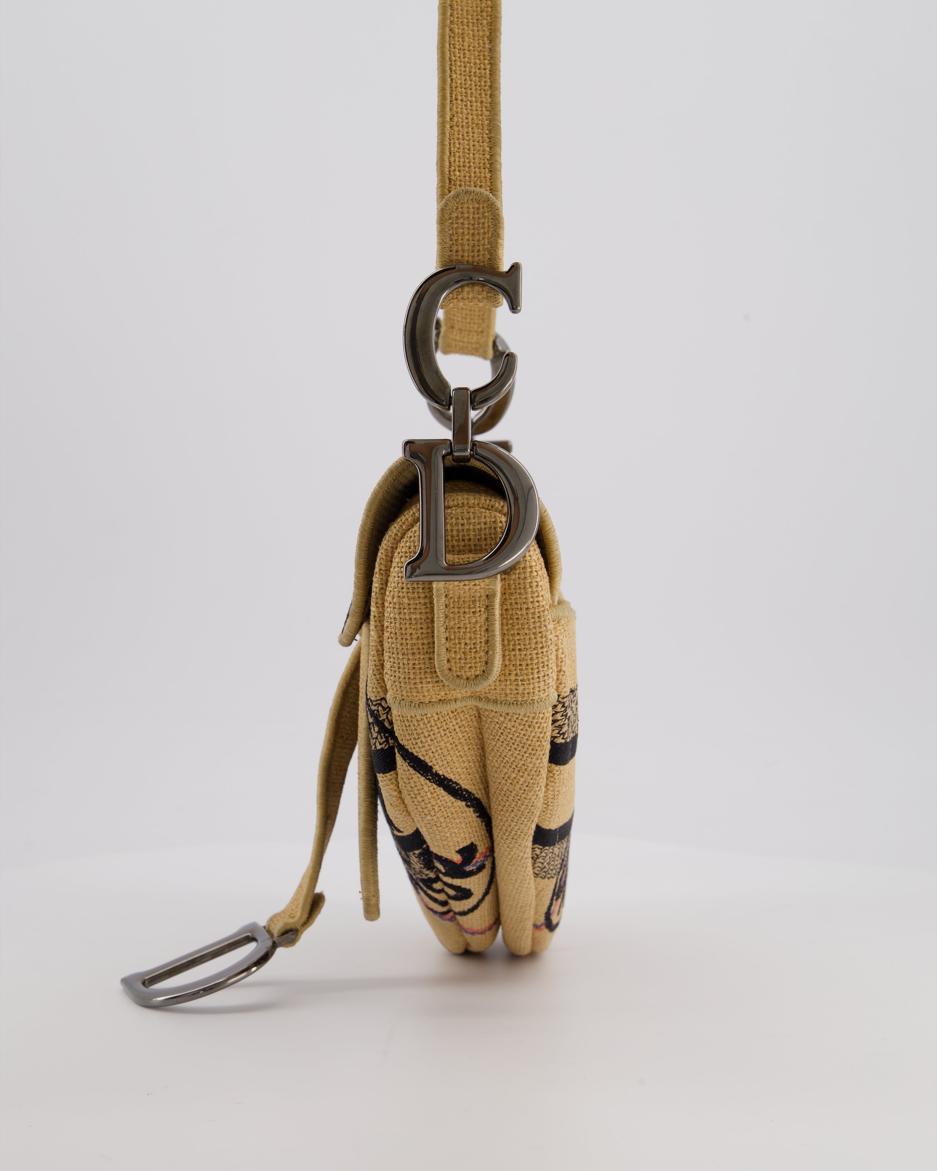 Christian Dior Medium Jute Canvas Embroidered Union Saddle Bag in Raffia Canvas with Ruthenium Hardware