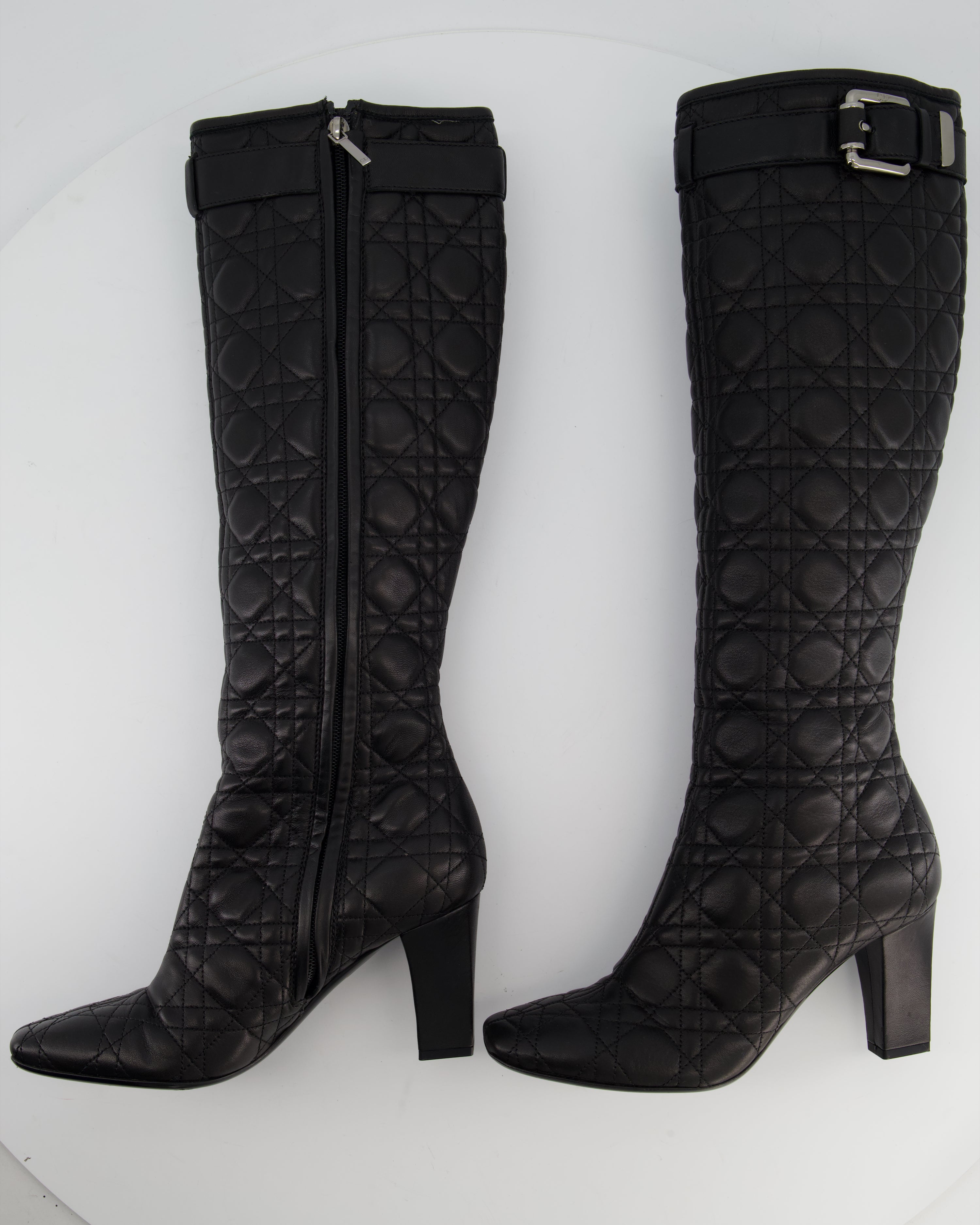 Christian Dior Cannage Black Leather Knee Boots with Buckle Detail Size 37