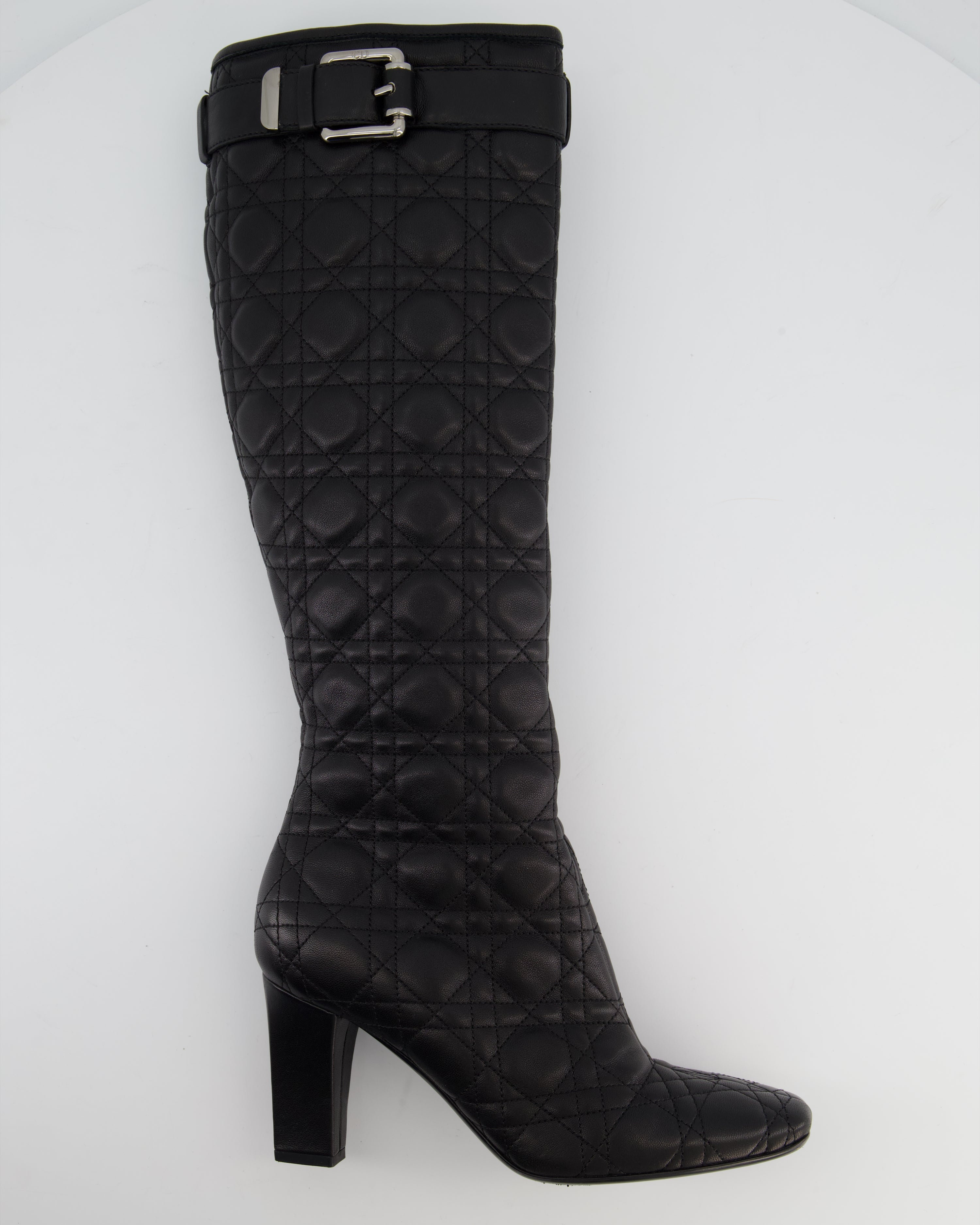 Christian Dior Cannage Black Leather Knee Boots with Buckle Detail Size 37