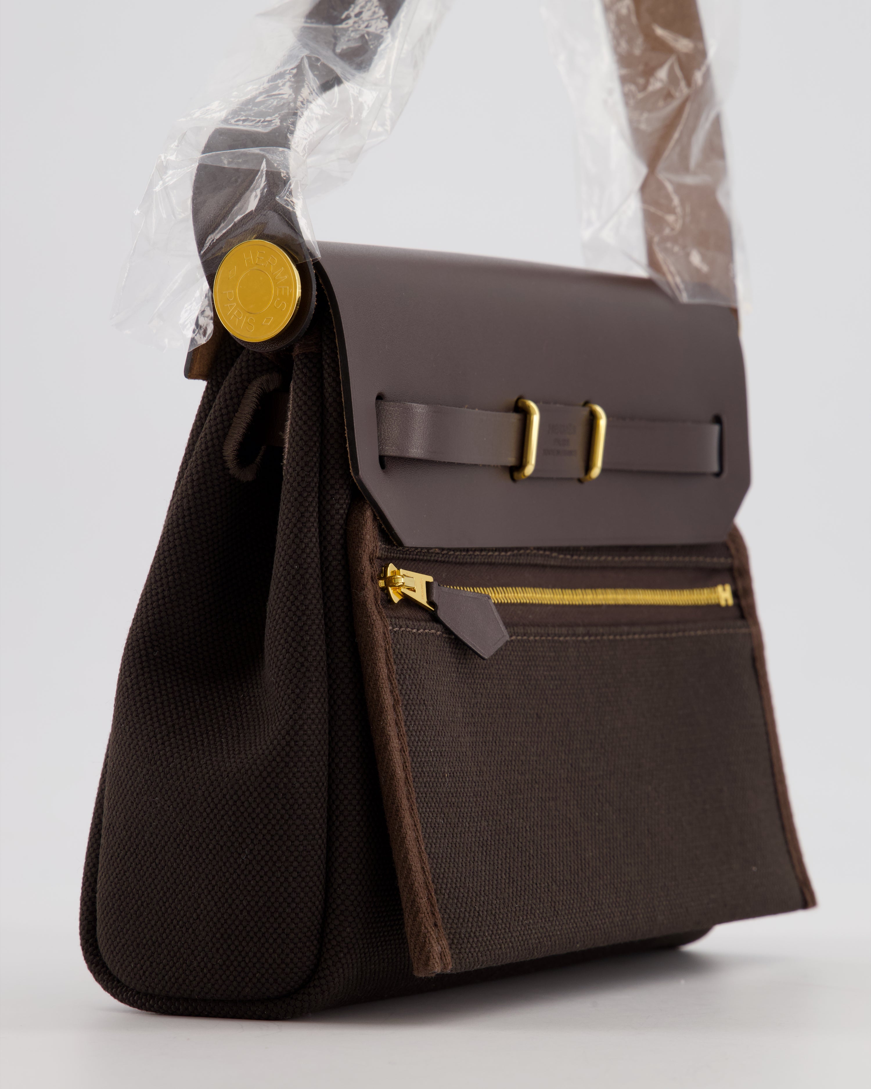 *Hot & RARE* Hermès Herbag Zip 20 Bag in Ebene Viking Canvas & Ebene Vache Hunter Leather with Gold Hardware