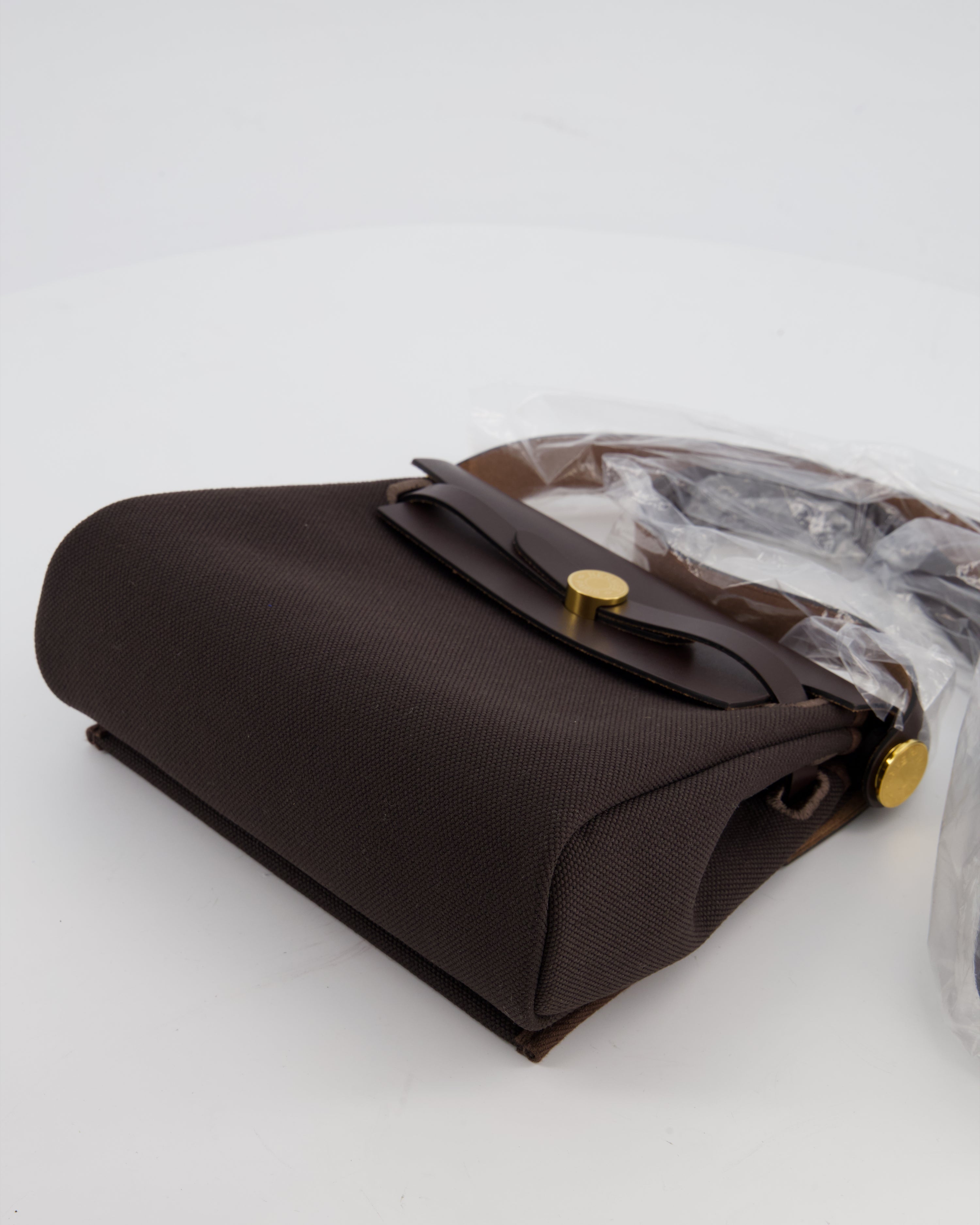 *Hot & RARE* Hermès Herbag Zip 20 Bag in Ebene Viking Canvas & Ebene Vache Hunter Leather with Gold Hardware