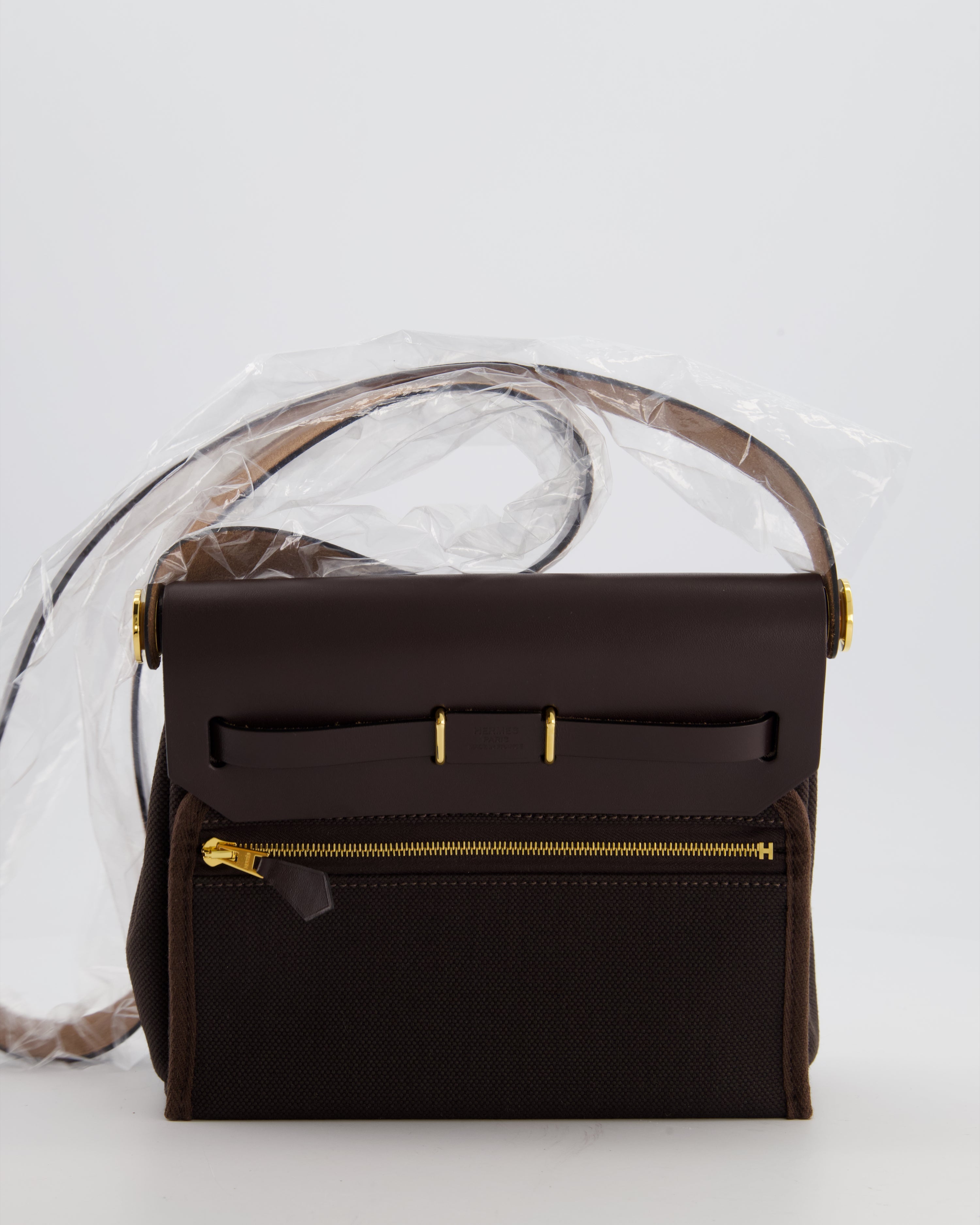 *Hot & RARE* Hermès Herbag Zip 20 Bag in Ebene Viking Canvas & Ebene Vache Hunter Leather with Gold Hardware