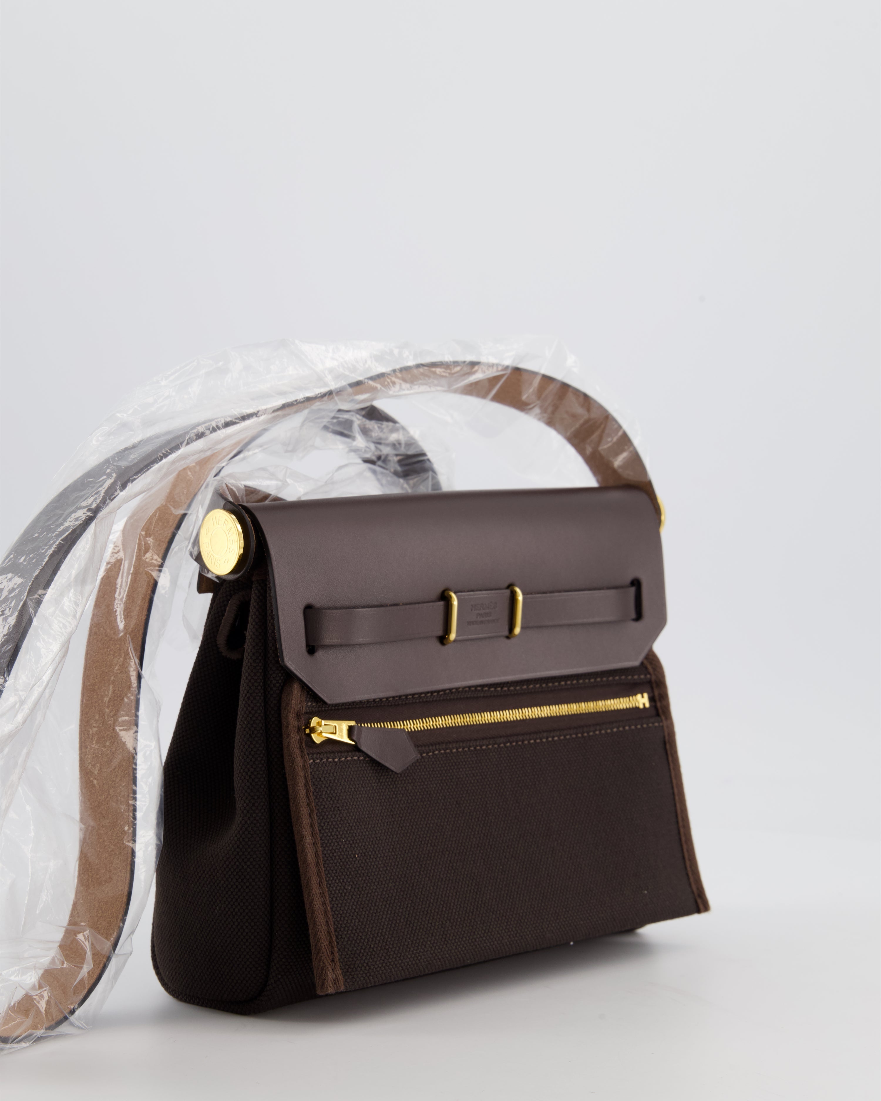 *Hot & RARE* Hermès Herbag Zip 20 Bag in Ebene Viking Canvas & Ebene Vache Hunter Leather with Gold Hardware