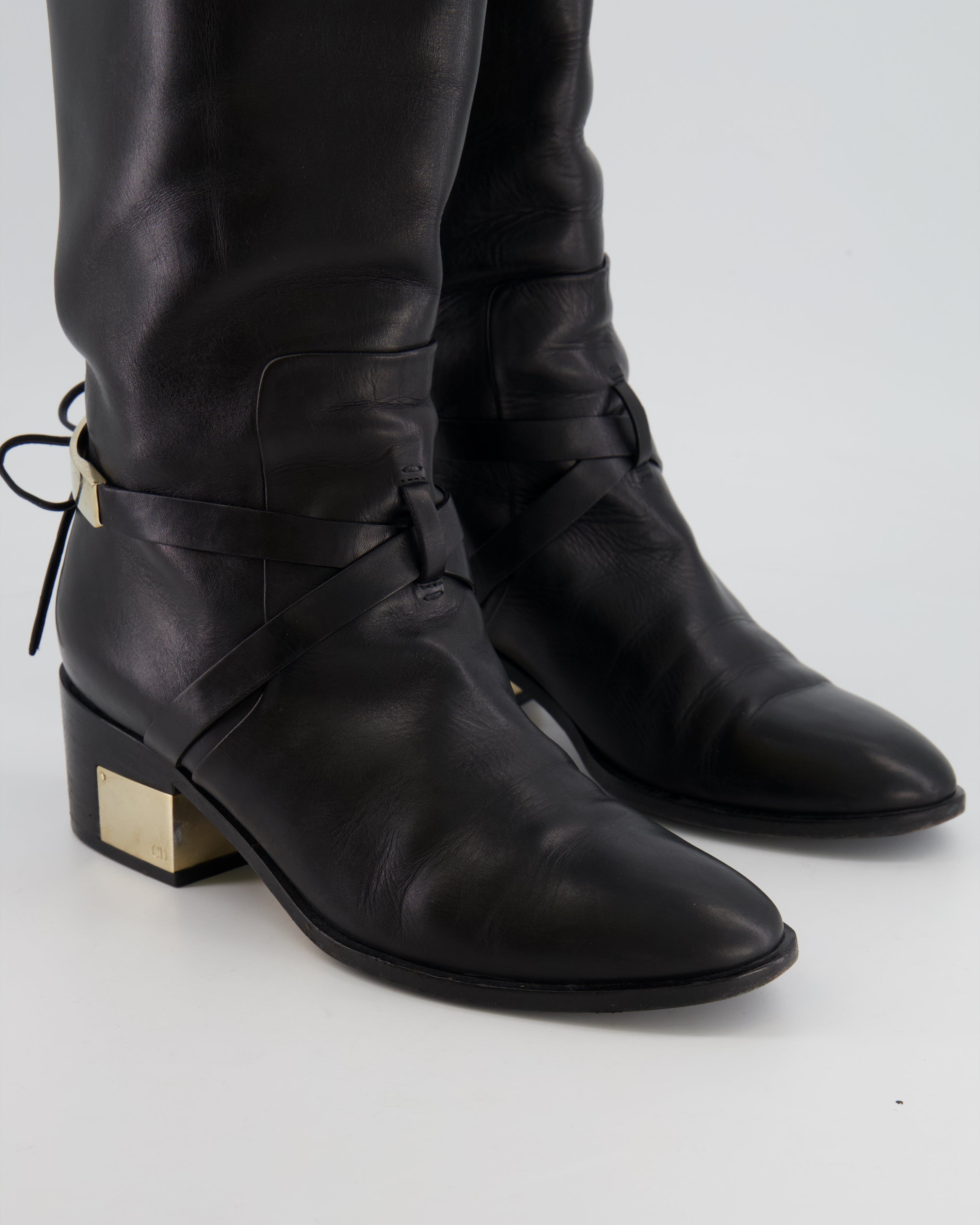 Christian Dior Black Leather Knee High Boots with Gold Logo Detail Size EU 37