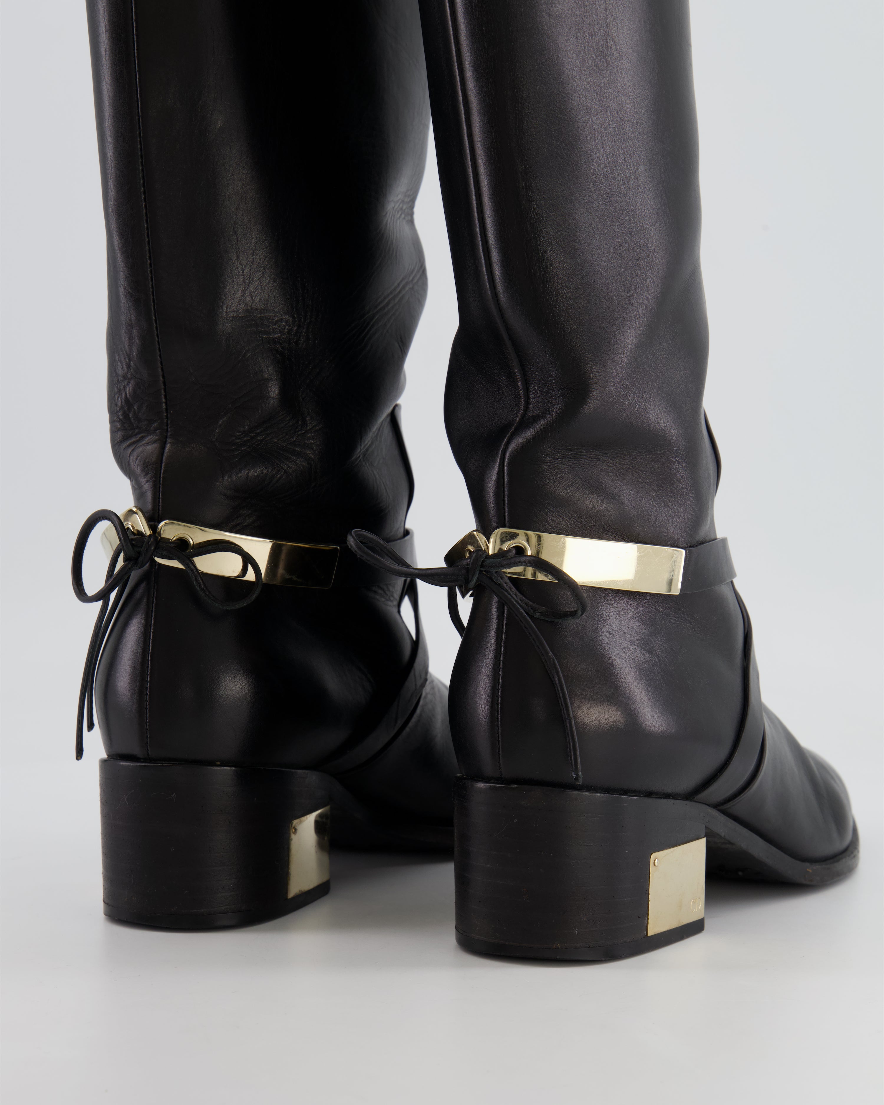Christian Dior Black Leather Knee High Boots with Gold Logo Detail Size EU 37