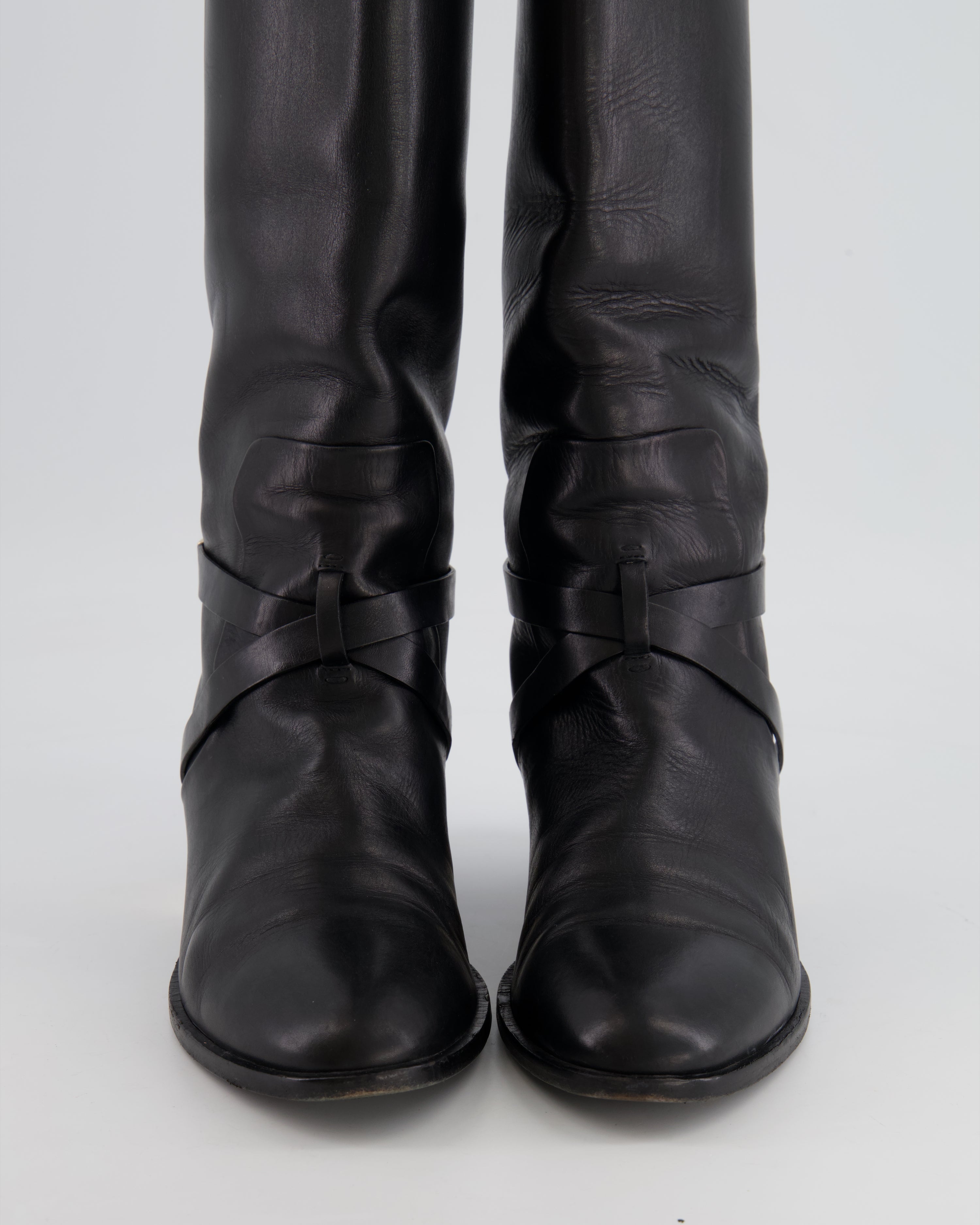 Christian Dior Black Leather Knee High Boots with Gold Logo Detail Size EU 37