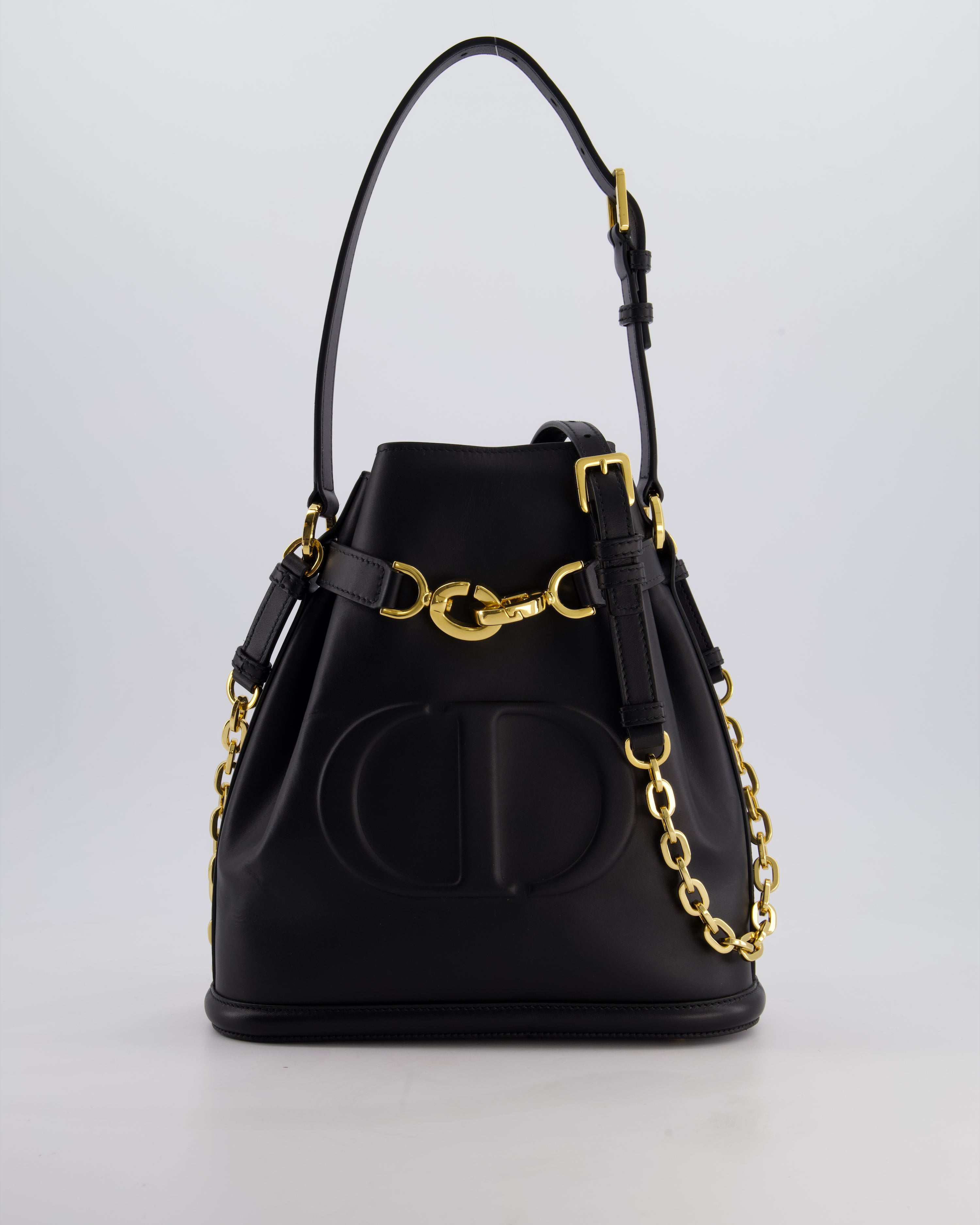 Christian Dior Medium C'est Dior Bucket Bag In Black CD-Embossed Calfskin Leather with Gold Hardware