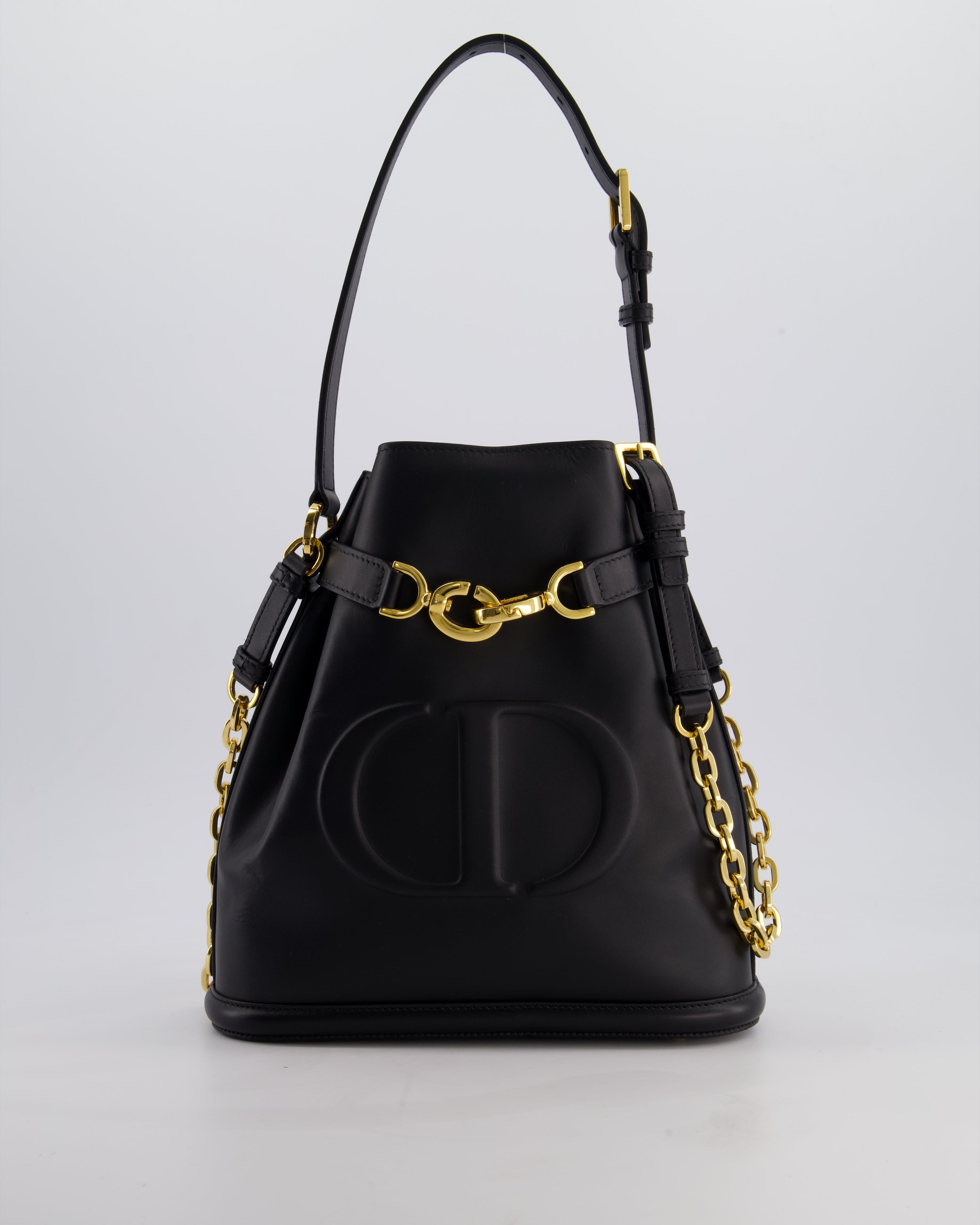 Christian Dior Medium C'est Dior Bucket Bag In Black CD-Embossed Calfskin Leather with Gold Hardware